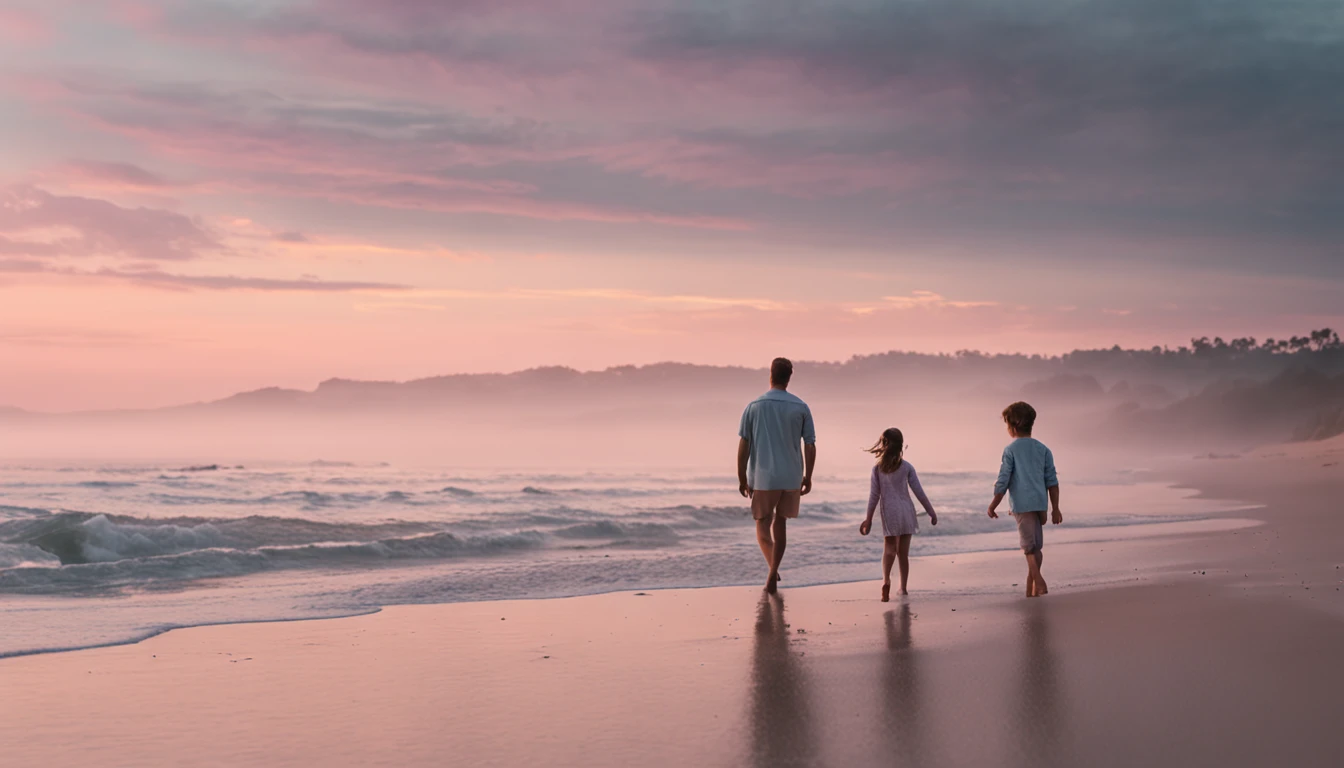 As the sun sets on the beach, a father and his two twenty-year-old daughters playfully chase their five-year-old son along the shoreline. The sky is painted with a breathtaking palette of soft pastel hues - dusty blues, gentle pinks, and dreamy lavenders. The scene evokes a sense of tranquility and togetherness, captured beautifully through the lens of a watercolor artist.