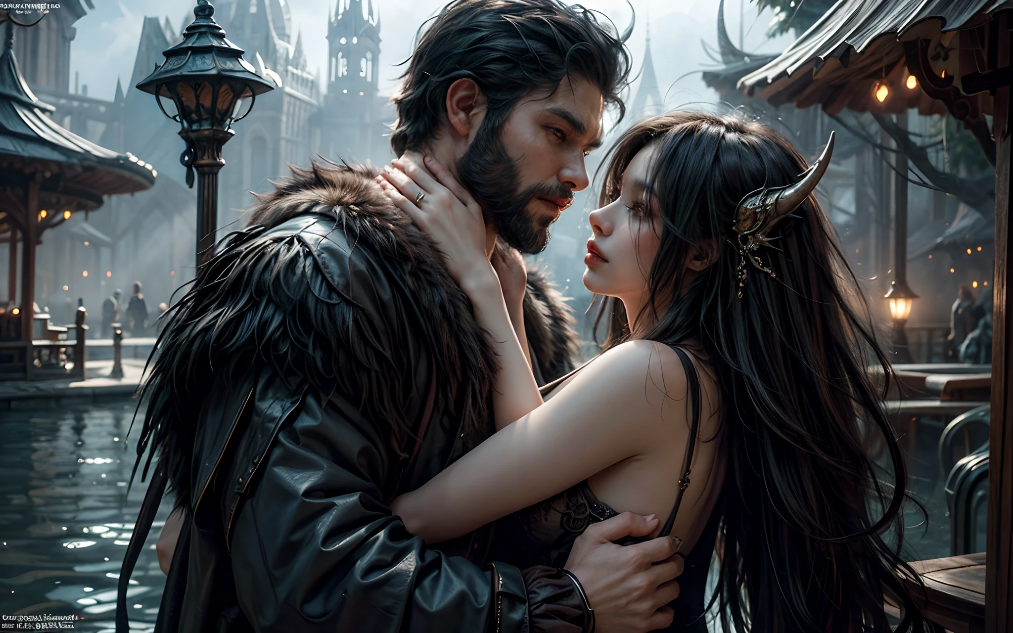(best quality, 4k, 8k, highres, masterpiece:1.2), ultra-detailed, detailed face, detailed lips and eyes, attractive appearance, realistic, BREAK, Generate a vivid and emotionally charged scene depicting a barbarian man and a dragon girl. The man, FRED a barbarian man with black hair, messy hair, slight beard, ferocious expression, strong build, intense gaze, veins bulging on his neck and marked by battle scars, stands in a protective stance, cradling the dragon girl. The girl, Lotan is beautiful caucasian woman with straight long black hair, blue eyes, attractive appearance, detailed face, detailed lips and eyes, dragon horns on the head, expressive face, voluptuous figure who exudes elegance in a rich, flowing dress. Their embrace is deeply emotional, set amidst the chaos of a smoking battlefield. Capture the intense emotions, the bond between them, and the juxtaposition of their appearances against the backdrop of turmoil. BREAK, (severely damaged landscape,horrible destruction,smoke rising,fire everywhere),(dark and gloomy,desolate,atmospheric,moody:1.1),(warm and saturated color palette),(soft and diffused lighting),(intense emotions,love,unwavering connection),(tattered clothes,covered in dirt and blood),(heroic silhouette on the horizon),(dramatic clouds),(creeping shadows),(whispering wind),(sunset radiance),(struggle,confidence,strength),(silence and stillness,despite chaos),(last light of hope),(desire for peace amid chaos),(powerful and emotional),(heartbeat of a dying world),(epic),(sense of determination),(reflection of resilience),(triumph in the face of adversity),(cry of victory),(flickering flames),(battle scars,perseverance),(hauntingly beautiful),(unbreakable bond),(ultimate sacrifice),(shattered dreams),(creative destruction),(eternal love).