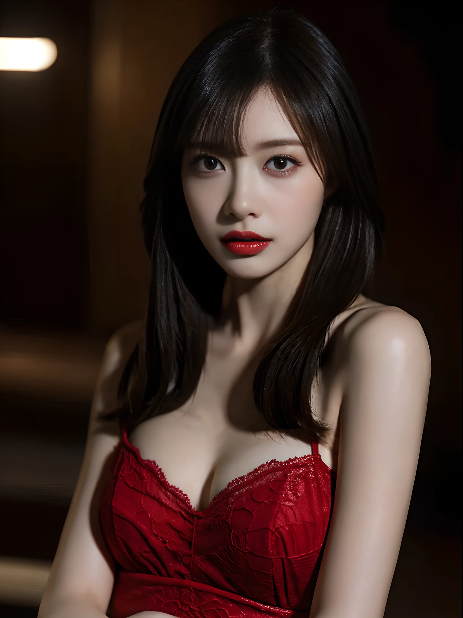 ((top-quality、8K、masuter piece:1.3)), 1 female, Beautiful girl emphasizing slender abs:1.3, 爆乳:1.2, Pose Seductive, Sexually seductive facial expressions, (Wearing ultra-thin red lace underwear: 1.4, Open your crotch, that are about to spill, Red Off Shoulder, are visible, Cinematic lighting, hyperdetailed face, High detailed lips, A detailed eye, double-edged eyelid, Ecchi,