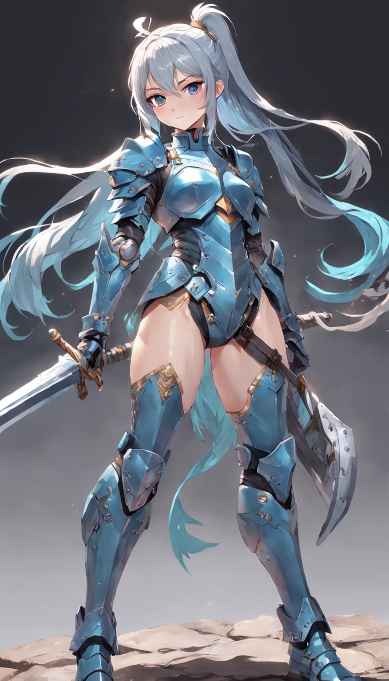 ink drawing of alluring voluptuous beautiful female wearing heavy infantry tactical armor, shiny/glossy, full body, beautiful face, in the style of Akira Hiramoto, savviq sabviq, anne packard, richard schmid, gray and blue, atmospheric paintings, gouache, gabriele viertel