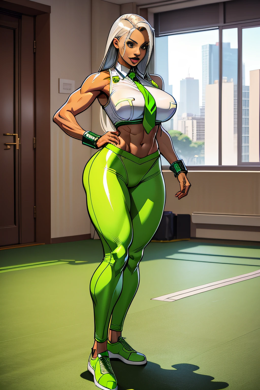 1. Alafe Street Fighter、Metallic Lime Green and Metallic Silver Martial Arts Uniform、Big breasts about to burst、Shirt with metallic white breast pockets、breasts pocket、neck tie、thin and long legs,、Pose ready to fight、Fitness Model、musculature、abdominals、Height 175cm、skin tanned、glistning skin、Cool smile、full-body view、