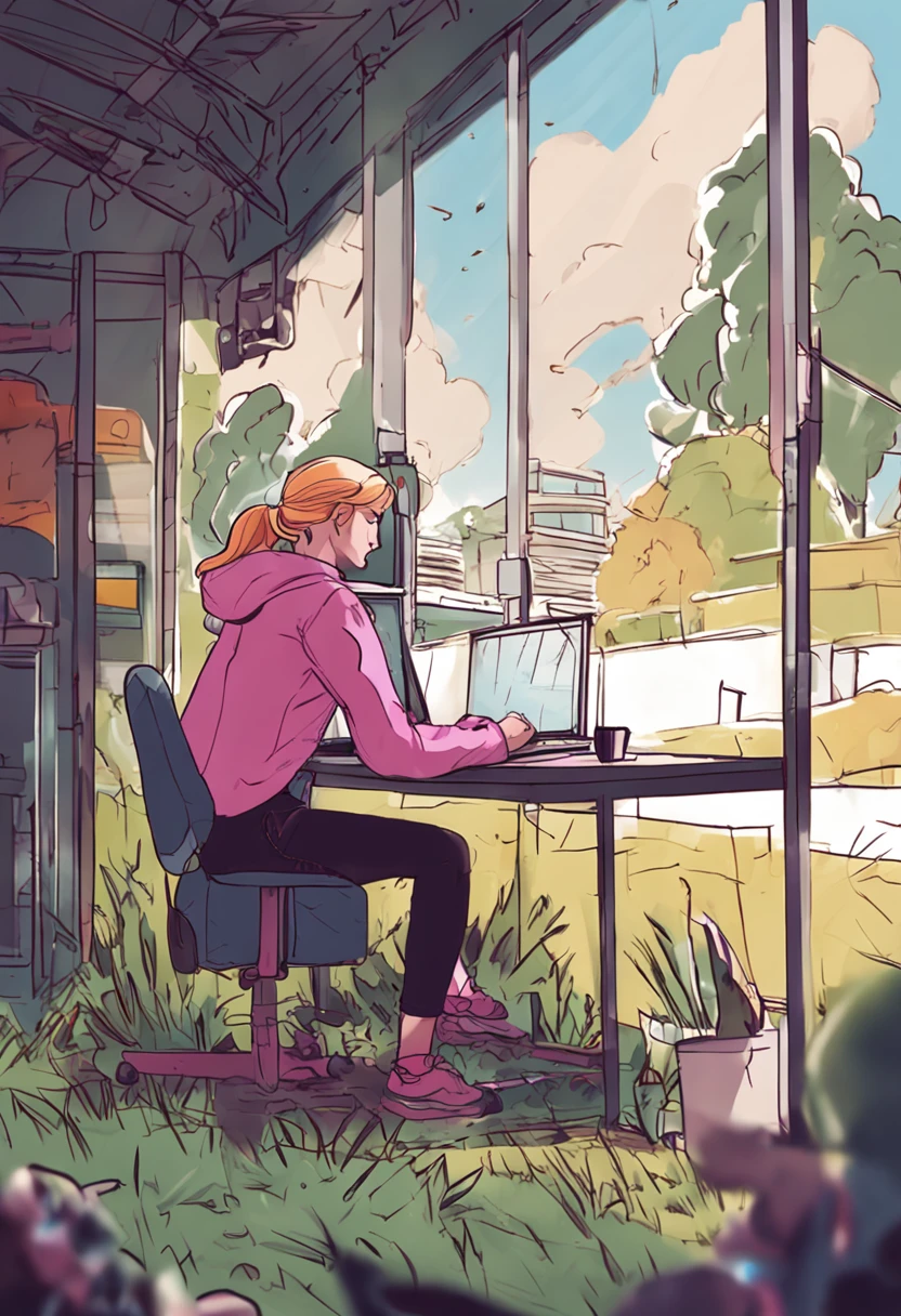Draw a schoolgirl working on a laptop