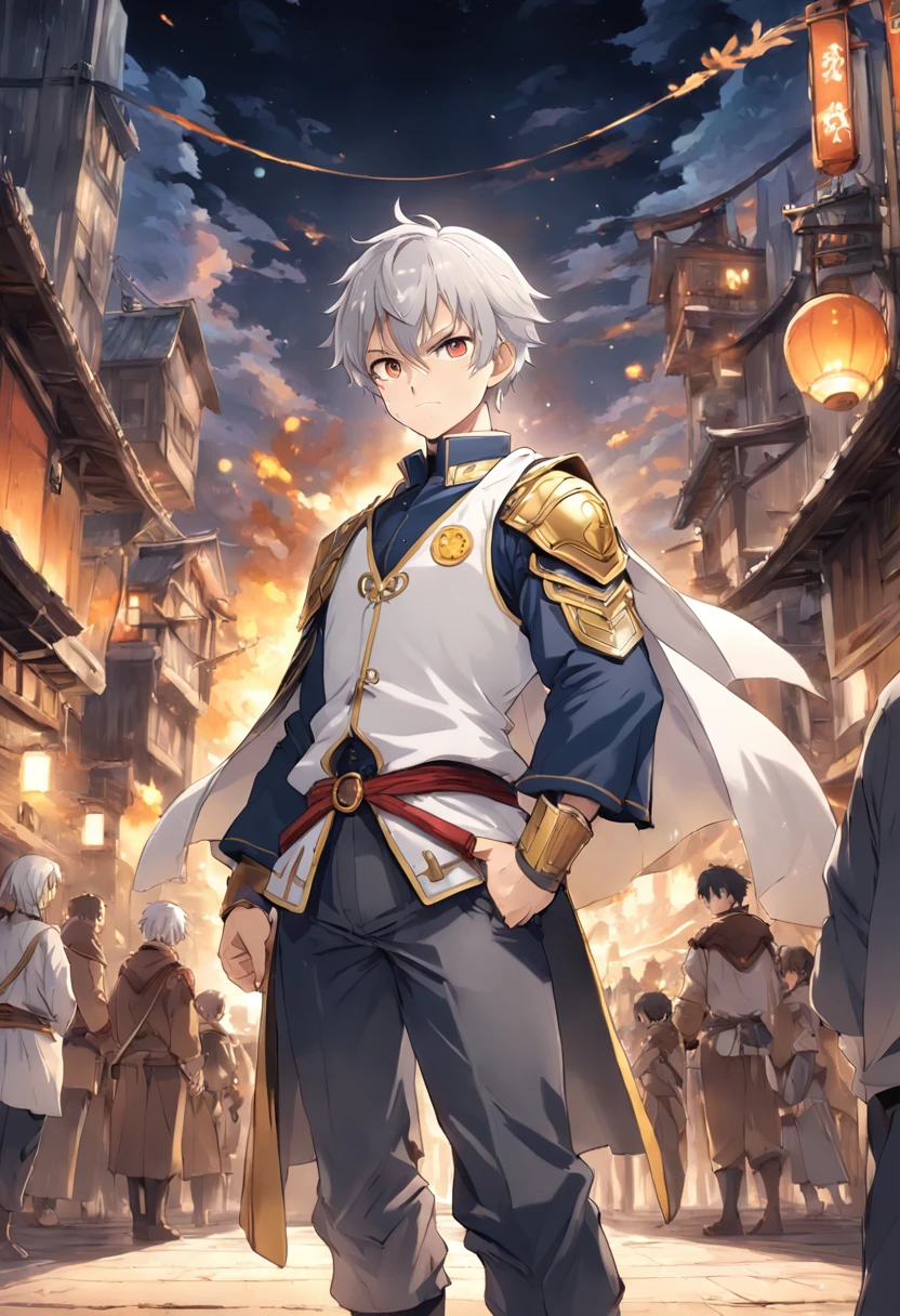 Anime characters with short silver-gray hair and blonde eyes standing in front of the adventurers' guild, Best anime 4k konachan wallpaper, Tall anime guy, Silver-gray hair, , Anime art wallpaper 4k, Anime art wallpaper 4 K, Key anime art, , 4K manga wallpaper 35 years old man anime character short silver gray hair, Light golden eyes, Strong body, Strong bear, Height 198 cm, Weight 180 lbs, Humility, Cross your hands at your waist, , Full body like, Slightly chubby body,, musculature, Golden pupils, Wearing yellow, Arm vest, Arms, bshoulders, Tomahawk, High as a mountain