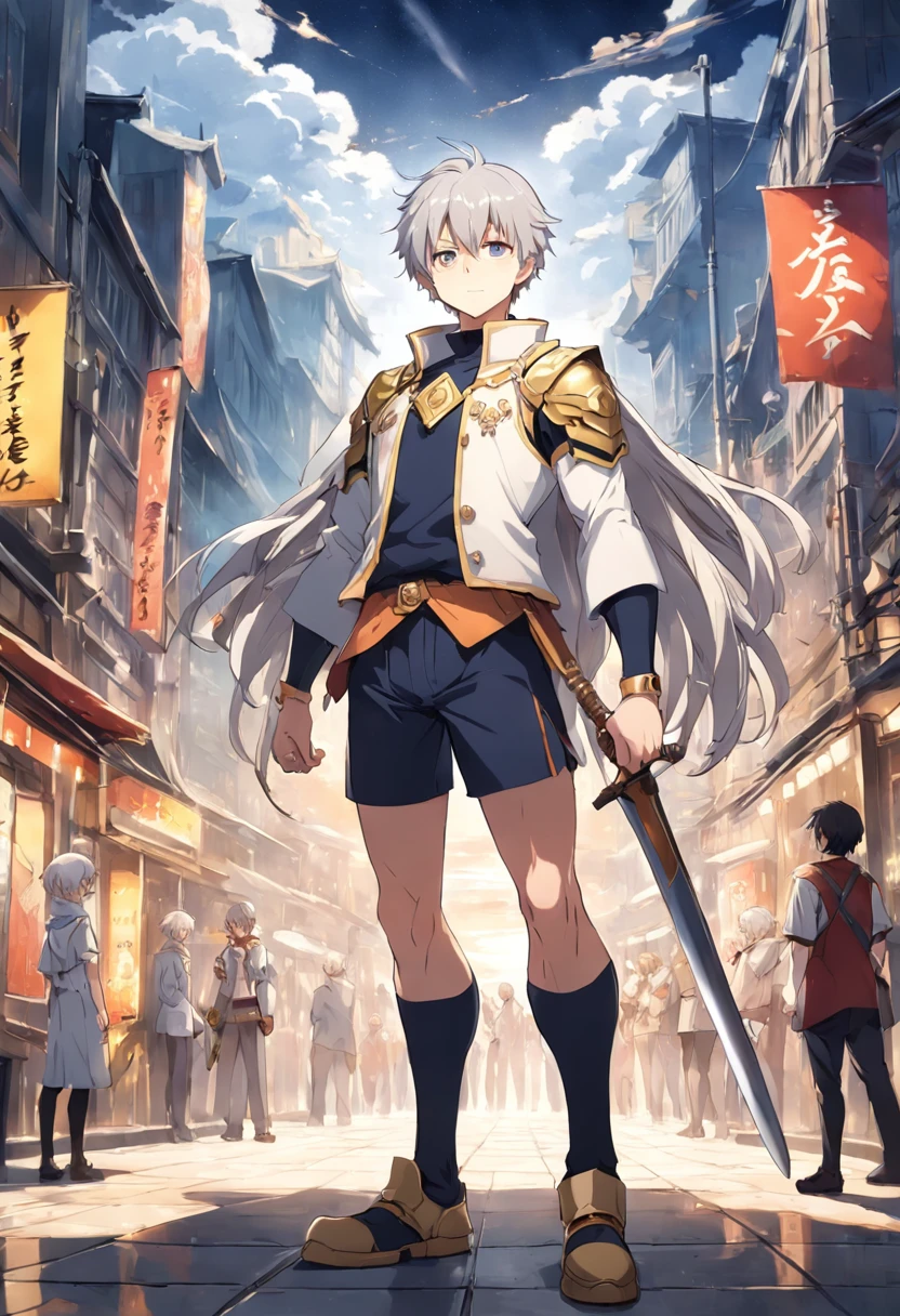 Anime characters with short silver-gray hair and blonde eyes standing in front of the adventurers' guild, Best anime 4k konachan wallpaper, Tall anime guy, Silver-gray hair, , Anime art wallpaper 4k, Anime art wallpaper 4 K, Key anime art, , 4K manga wallpaper 35 years old man anime character short silver gray hair, Light golden eyes, Strong body, Strong bear, Height 198 cm, Weight 180 lbs, Humility, Cross your hands at your waist, , Full body like, Slightly chubby body,, musculature, Golden pupils, Wearing yellow, Arm vest, Arms, bshoulders, Tomahawk, High as a mountain