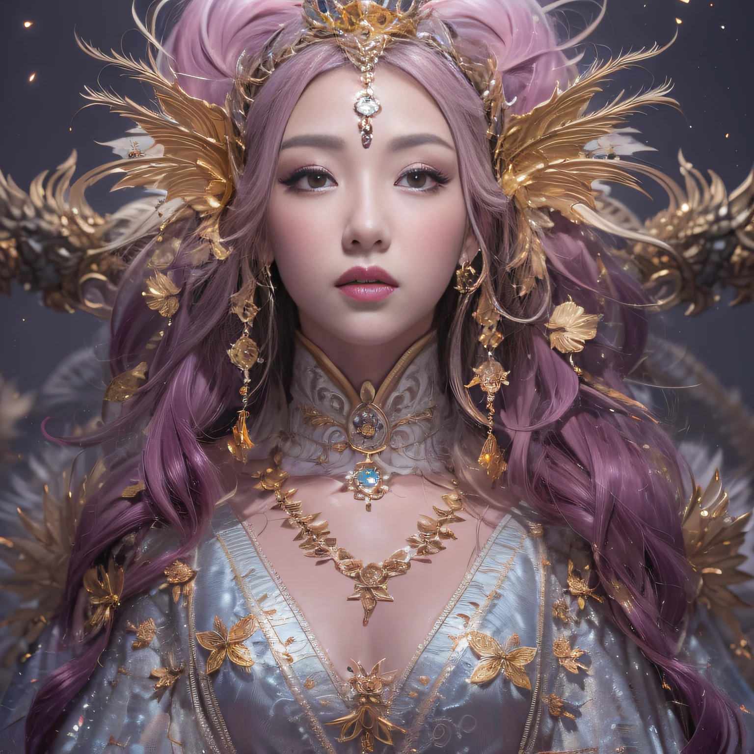 32K（tmasterpiece，k hd，hyper HD，32K）Purple-pink flowing hair，Gold jewelry area in the back room，King Girl ，Rusty Copper Dragon Protector （realisticlying：1.4），Python pattern robe，Purple-pink tiara，Snowflakes fluttering，The background is pure，Hold your head high，Be proud，The nostrils look at people， A high resolution， the detail， RAW photogr， Sharp Re， Nikon D850 Film Stock Photo by Jefferies Lee 4 Kodak Portra 400 Camera F1.6 shots, Rich colors, ultra-realistic vivid textures, Dramatic lighting, Unreal Engine Art Station Trend, cinestir 800，Hold your head high，Be proud，The nostrils look at people，Tsundere，Snowflakes fluttering，Snowflakes fluttering，Snowflakes fluttering，Snowflakes fluttering，Impeccable，( reasonable design, Clear lines, High sharpness,Best quality, Very detailed, Masterpiece, offcial art, movie light effect, 4K )
