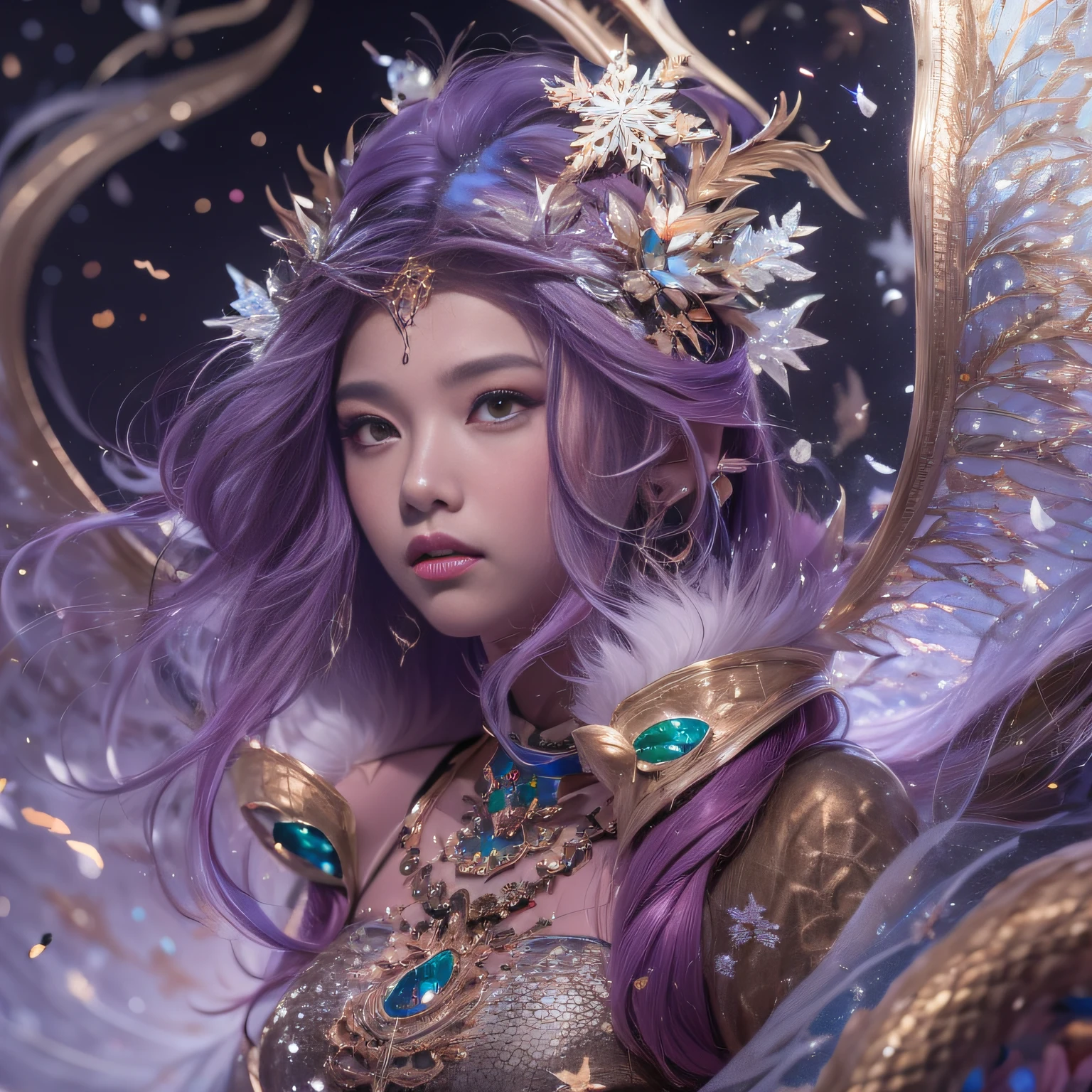 32K（tmasterpiece，k hd，hyper HD，32K）Purple-pink flowing hair，Gold jewelry area in the back room，King Girl ，Rusty Copper Dragon Protector （realisticlying：1.4），Python pattern robe，Purple-pink tiara，Snowflakes fluttering，The background is pure，Hold your head high，Be proud，The nostrils look at people， A high resolution， the detail， RAW photogr， Sharp Re， Nikon D850 Film Stock Photo by Jefferies Lee 4 Kodak Portra 400 Camera F1.6 shots, Rich colors, ultra-realistic vivid textures, Dramatic lighting, Unreal Engine Art Station Trend, cinestir 800，Hold your head high，Be proud，The nostrils look at people，Tsundere，Snowflakes fluttering，Snowflakes fluttering，Snowflakes fluttering，Snowflakes fluttering，Impeccable，( reasonable design, Clear lines, High sharpness,Best quality, Very detailed, Masterpiece, offcial art, movie light effect, 4K )