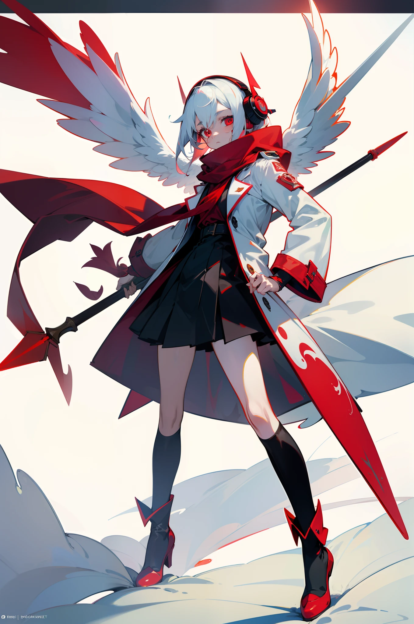 s girl,White hair,Red glowing eyes, sportrait, photorealestic,Red and white trench coat,Red scarf,black reotard,There are green numbers on it,longer sleeves,Red and white headphones,Multiple pairs of angel wings,Light wings hang around,side-lighting, the wallpaper, NSFW, Depicting female characters from ethereal anime in a high-quality anime art style。vibrant with colors,Colorful background,(((Hold spears in both hands))),Red and white shoes with a sense of technology
