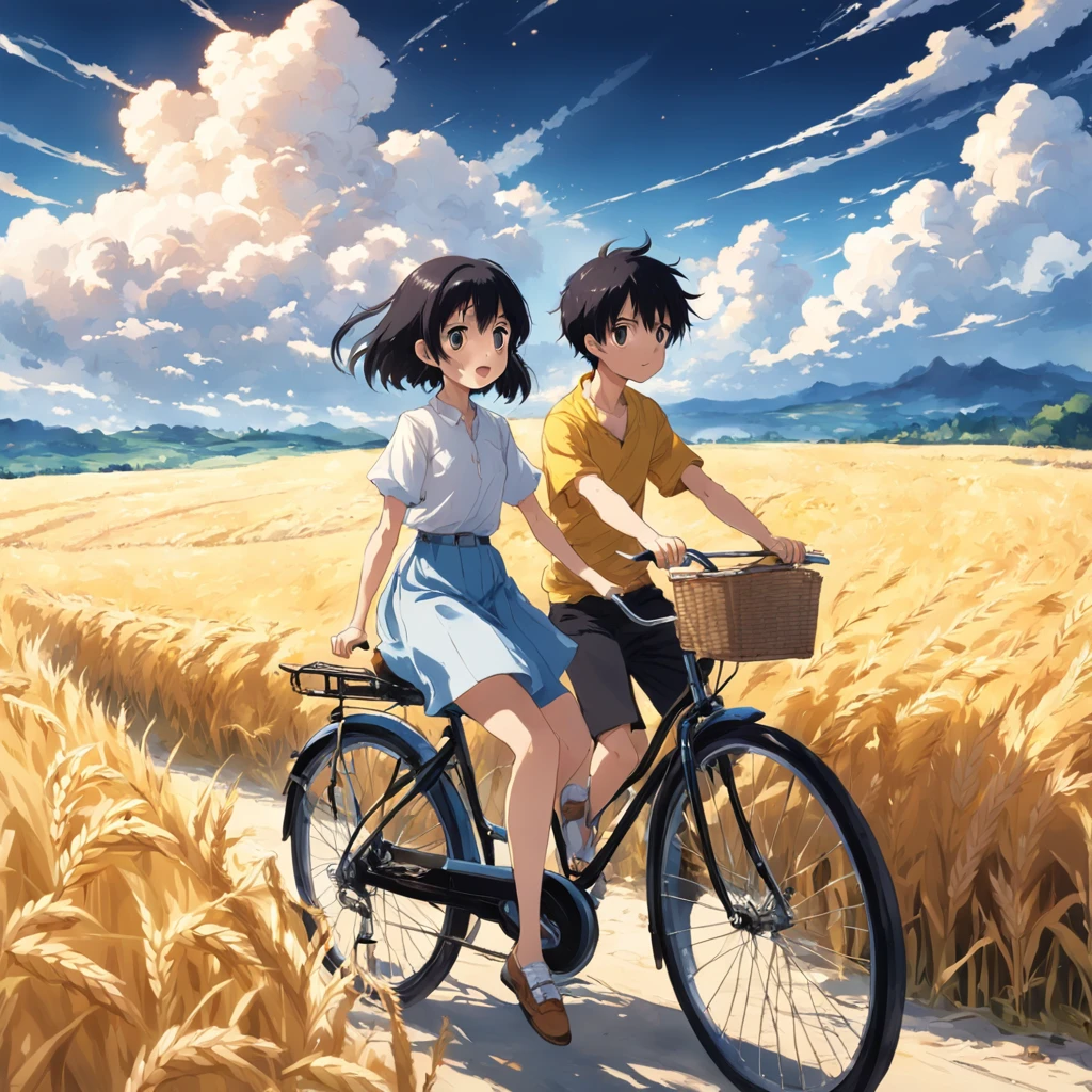 A boy and a girl ride a bike, Boy wears white shirt, with short black hair, Girls wear yellow shirts, cabelos preto e longos, Pass by an endless field of golden wheat。Magnificent scene, Clear blue sky, White clouds, Miyazaki's manga-like world.