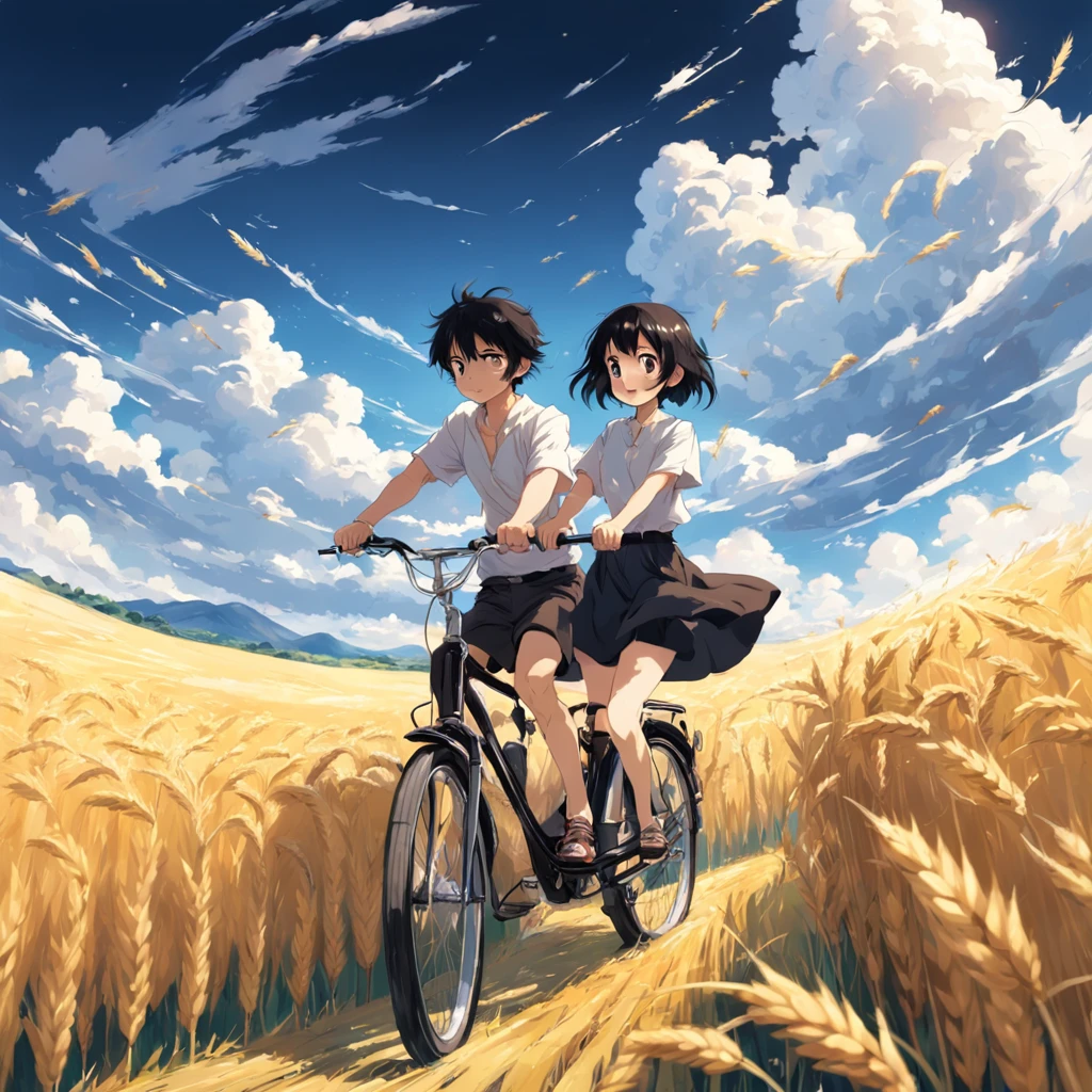 A boy and a girl ride a bike, Boy wears white shirt, with short black hair, Girls wear yellow shirts, cabelos preto e longos, Pass by an endless field of golden wheat。Magnificent scene, Clear blue sky, White clouds, Miyazaki's manga-like world.