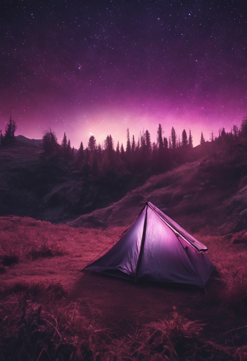 ultra detailed, high definition, hyperrealism. a tent lit up under the milky way star, in the style of light magenta and dark gray, everyday americana chronicler, forestpunk, pristine naturalism, american tonalism, the snapshot aesthetic, cinematic light, topcor f/ 1. 4, uhd image, exquisite clothing detail dark purple and light amber