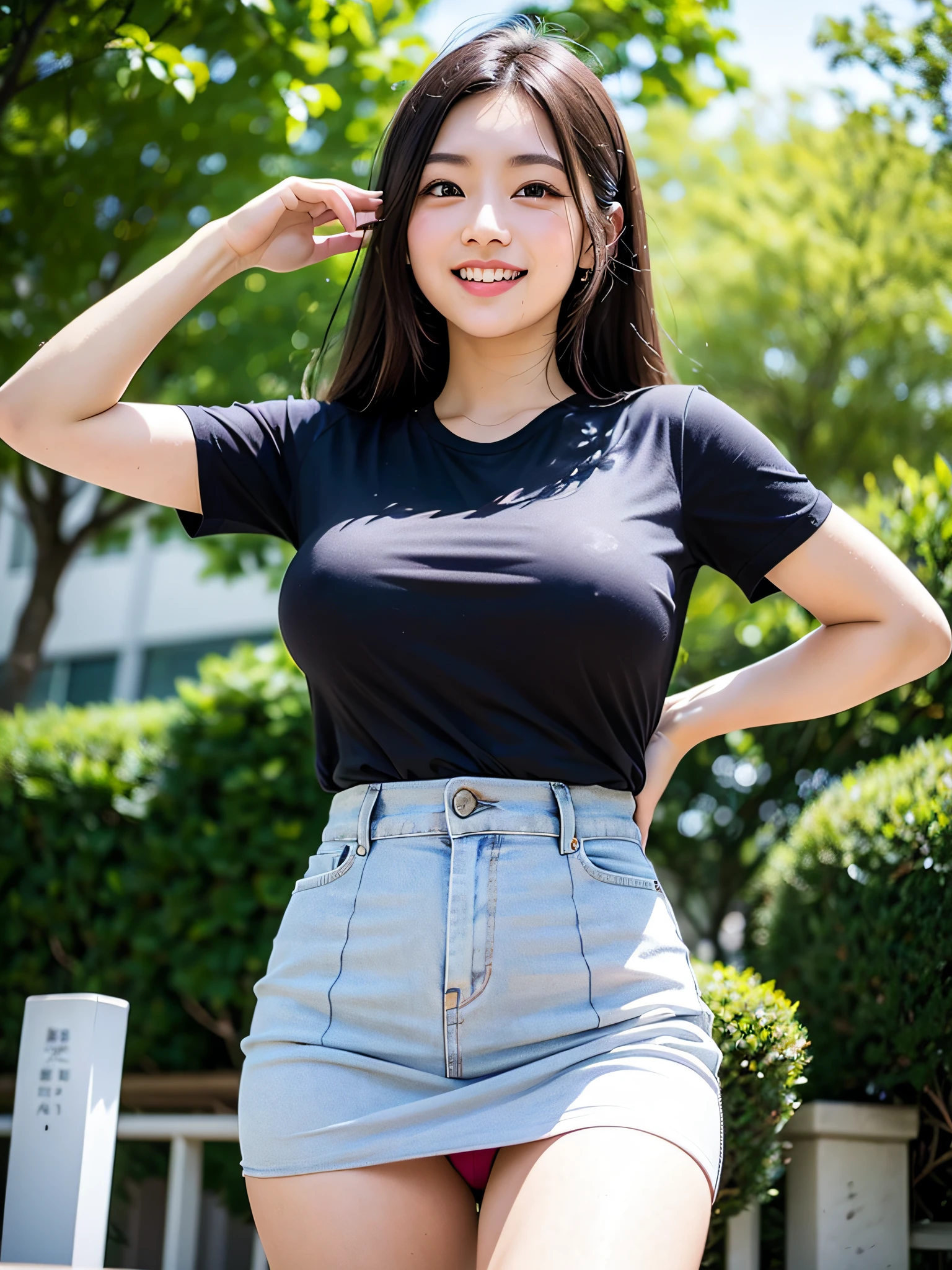 (8k、RAW Photos、top-quality、masterpiece:1.2)、(realisitic、Photorealsitic:1.37)、1人、japanes、20yr old、femele、during daytime、a park、natural soft light、photon maping、Radio City、Dark brown hair、((view from below))、详细的脸、Detailed lips、detailedeyes、More skin、二重まぶた、(huge-breasted:1.4)、(Tight shirt)、(a miniskirt)、Not wearing a bra、((Not wearing panties))、perfectbody、shinny skin、Vibrant poses、(Jumping)、cowboy shot、a smile、Make eye contact with the camera