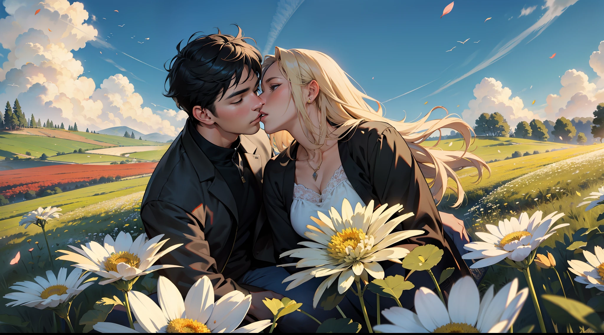Real-world realism,24K quality,Detailed description,Depiction of demeanor,Detail portrayal,Romantic couple kissing in the wind,Eastern European Plain,The meadow is full of chrysanthemums,The wind blows the petals