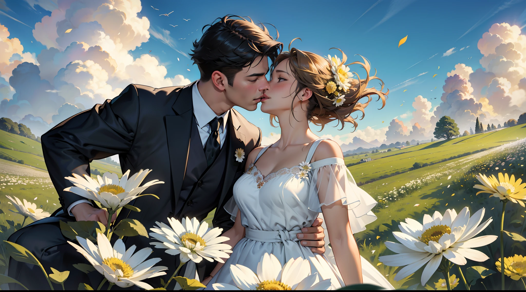 Real-world realism,24K quality,Detailed description,Depiction of demeanor,Detail portrayal,Romantic couple kissing in the wind,Eastern European Plain,The meadow is full of chrysanthemums,The wind blows the petals