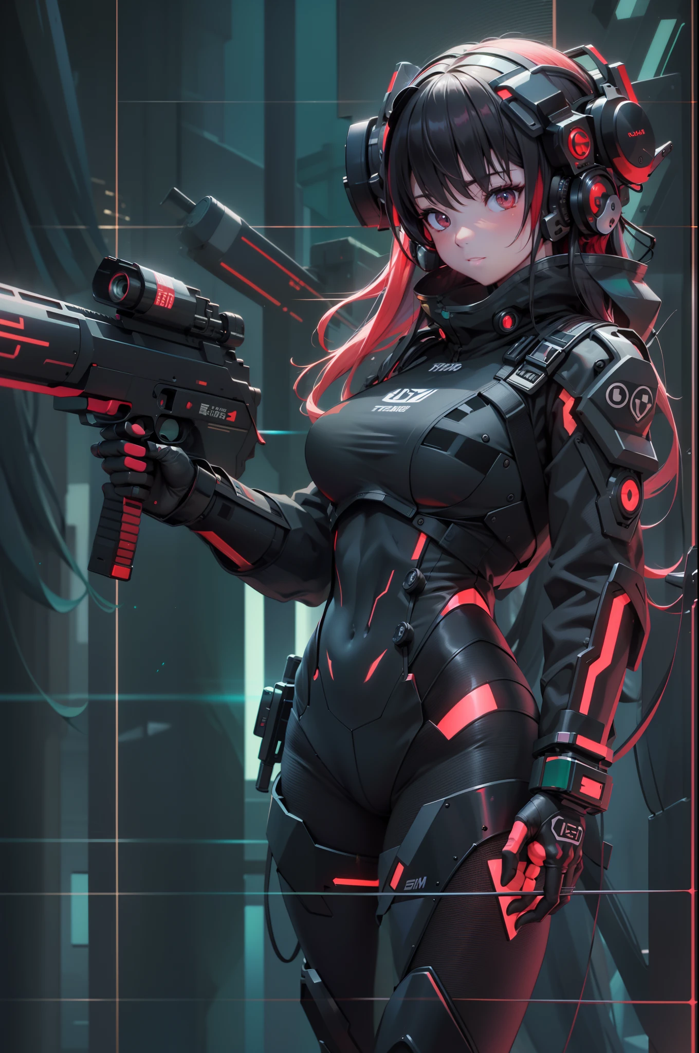 Muscle Special Forces Girl,eyes glowing, Wearing black special forces equipment, Gun in hand, full bodyesbian, Shoot at knee level, Cyberpunk, neonlight, Futuristic, surrealist, Red,。.。.。.3D, Redshift, Maxon Cinema 4D, Quaixel Megascan rendering, Doomsday colors, Red light, Futuristic, 1/3, High detail, Ultra high quality, illusory engine, 8K,