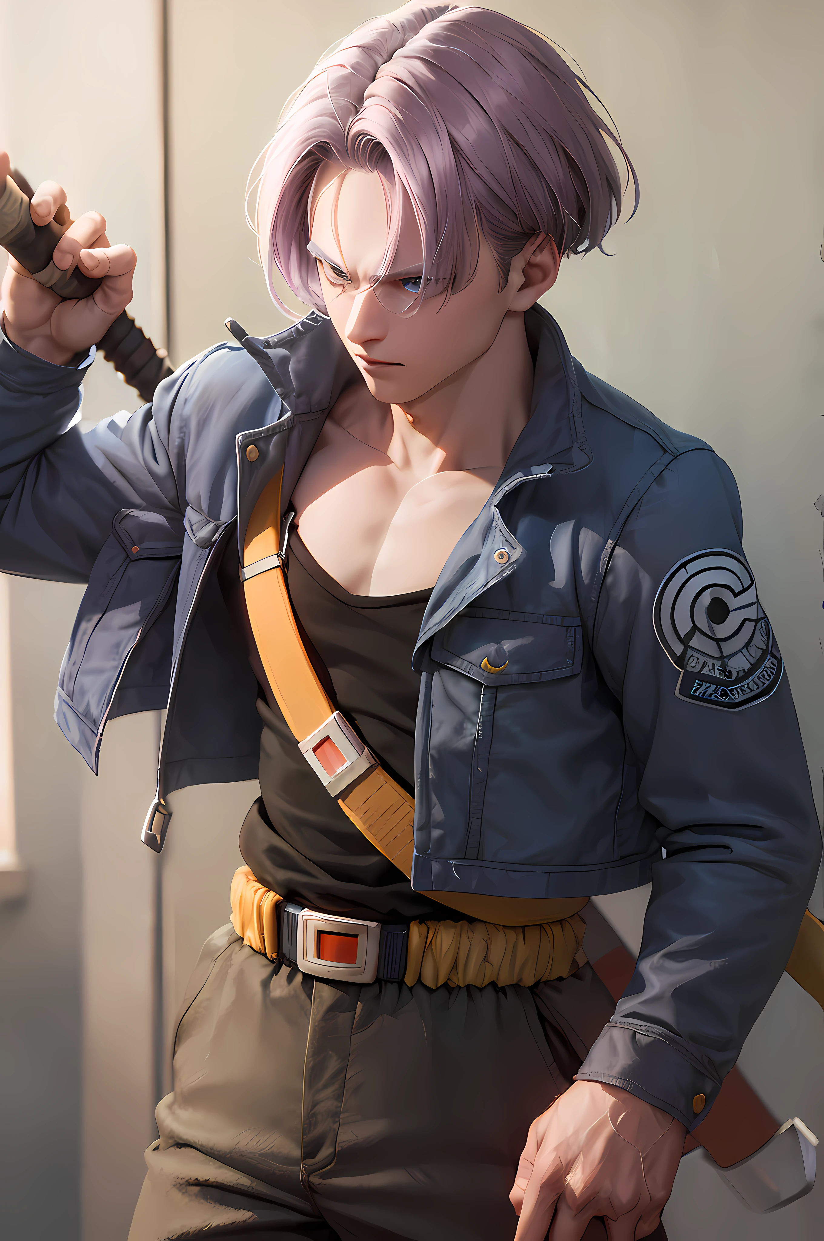 (masterpiece, best quality:1.2), cowboy shot, solo, male focus, 1boy, trunks \(dragon ball\), serious, closed mouth, purple hair, blue eyes, jacket, shirt, pants, sword