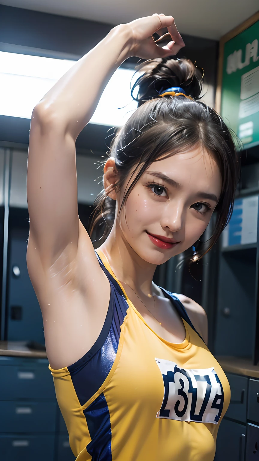 ((armpit pose、Armpit、Armpit、masterpiece, Top image quality, hight resolution, Wrinkles under the armpits:1.4、独奏、small tits、Sleeveless uniforms on land、track and field athlete、high-ponytail Hairstyle、Locker Room、dress room、no-bra、full body Esbian、A smile、A slight smil、Armpit hairy、Armpit hair、Armpit hair、Detailed wrinkles in the armpits、realistic armpit、Under the tecateca armpits、Under the glossy armpits、Oiled armpits、Glossy armpits))Latina, puberty, Sweaty face、red lipsticks、Athletics Stadium Locker Room、独奏、I'm looking at the armpits、Navel is visible、Navel