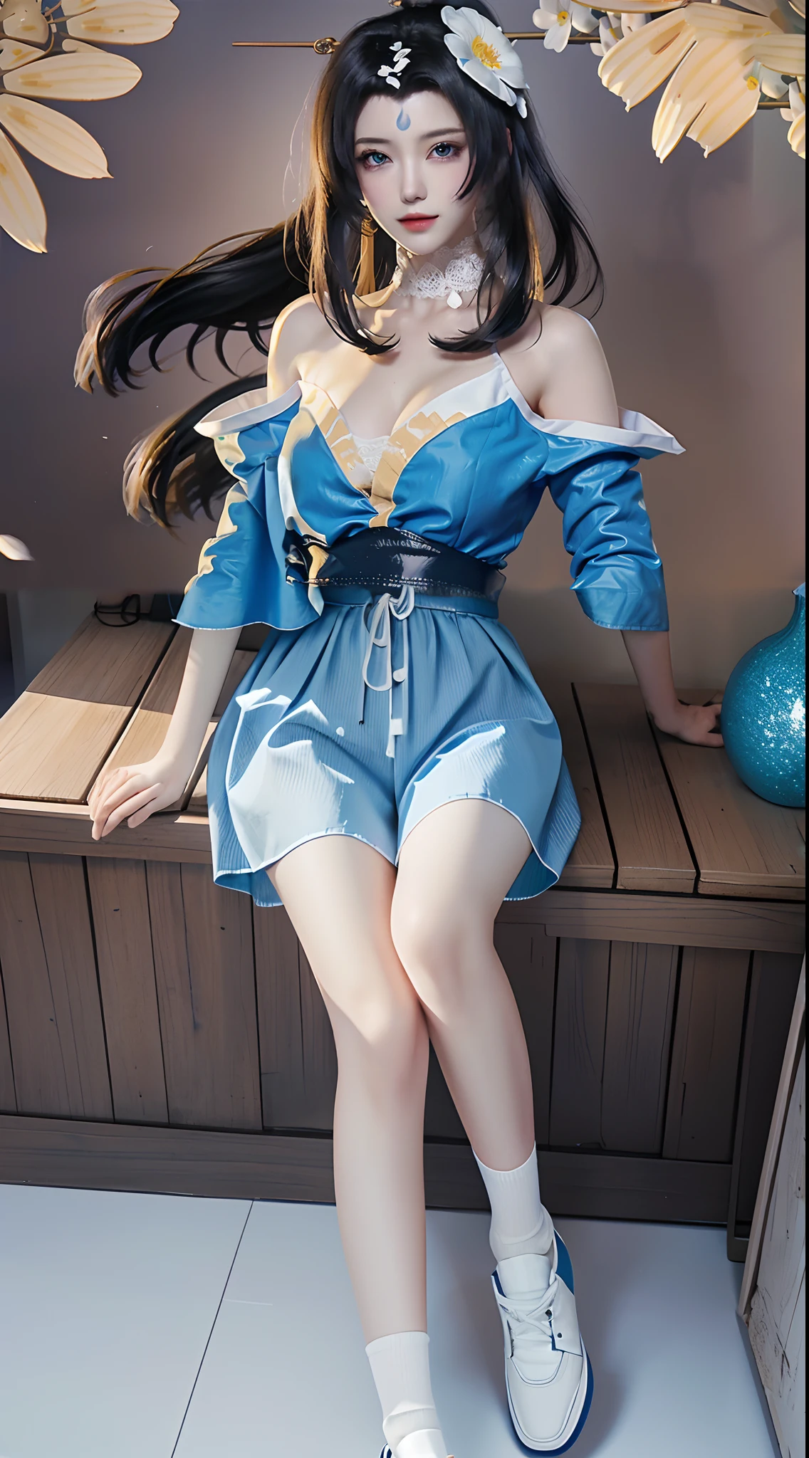 blue short sleeves，delicate finger，White legs。