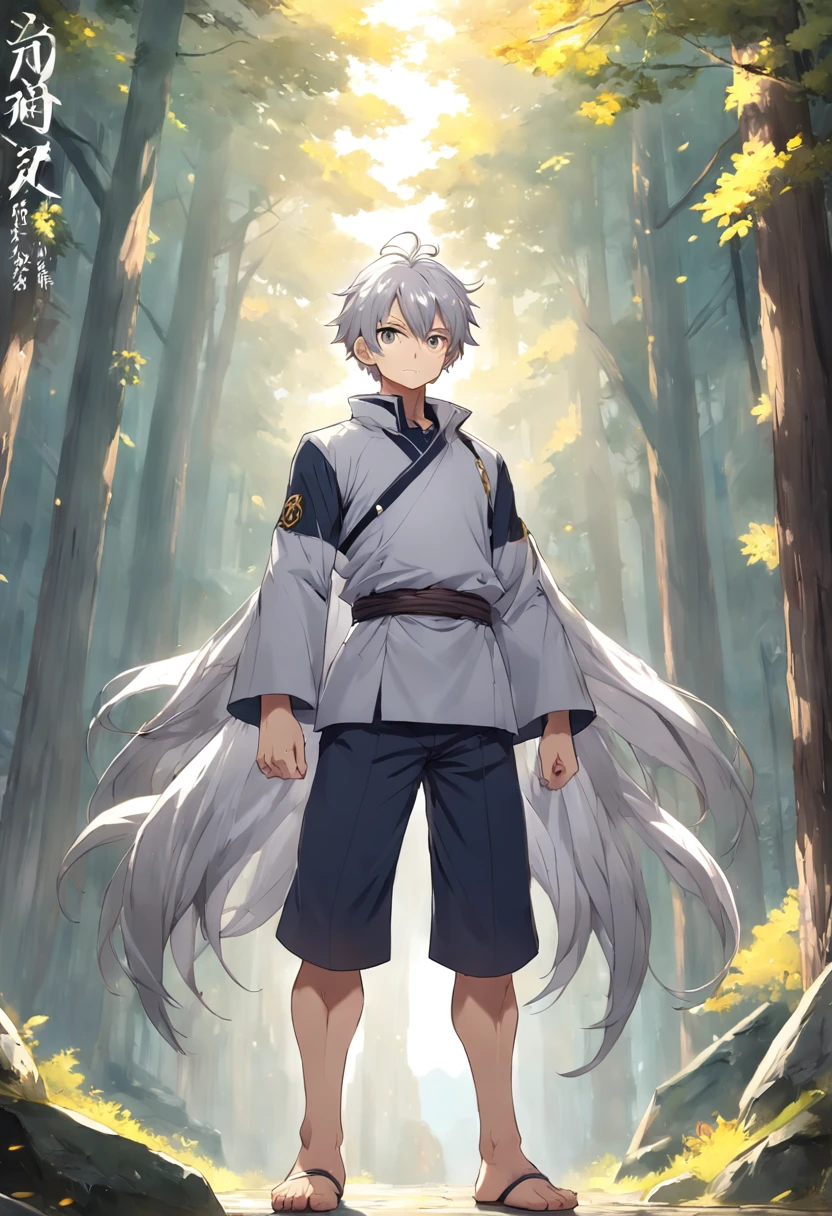 35 years old man anime character short silver-gray hair, Light golden eyes, Strong body, Strong bear, Height 198 cm, Weight 180 lbs, Humility, Cross your hands at your waist, , Full body like, Slightly chubby body,, Strong and tall, Golden pupils, , Tall as a mountain Anime characters with short silver-gray hair and blonde eyes standing in front of the adventurers' guild, Best anime 4k konachan wallpaper, Tall anime guy, Silver-gray hair, , Anime art wallpaper 4k, Anime art wallpaper 4 K, Key anime art, , 4k manga wallpapers