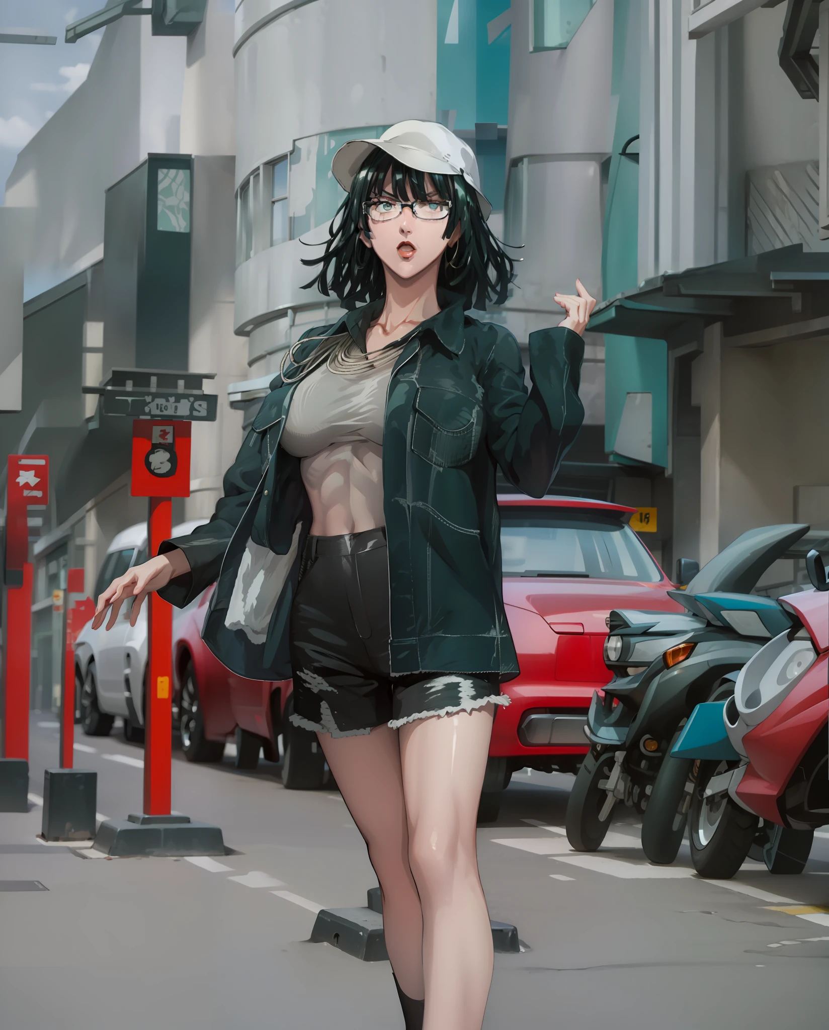 Girl, red lips, big nose, big tits, glasses, shorts hair, black hair colors, wearing earrings, wearing a necklace, fair skin, gray bucket hat colors, long sleeve levis shirt, white shorts tank top colors, short black pants, sexy body, sexy girl, stand pose, elegant pose, beautiful girls, in outdoor, urban background, realistic, looking forward, five finger in hand, straight finger in hand