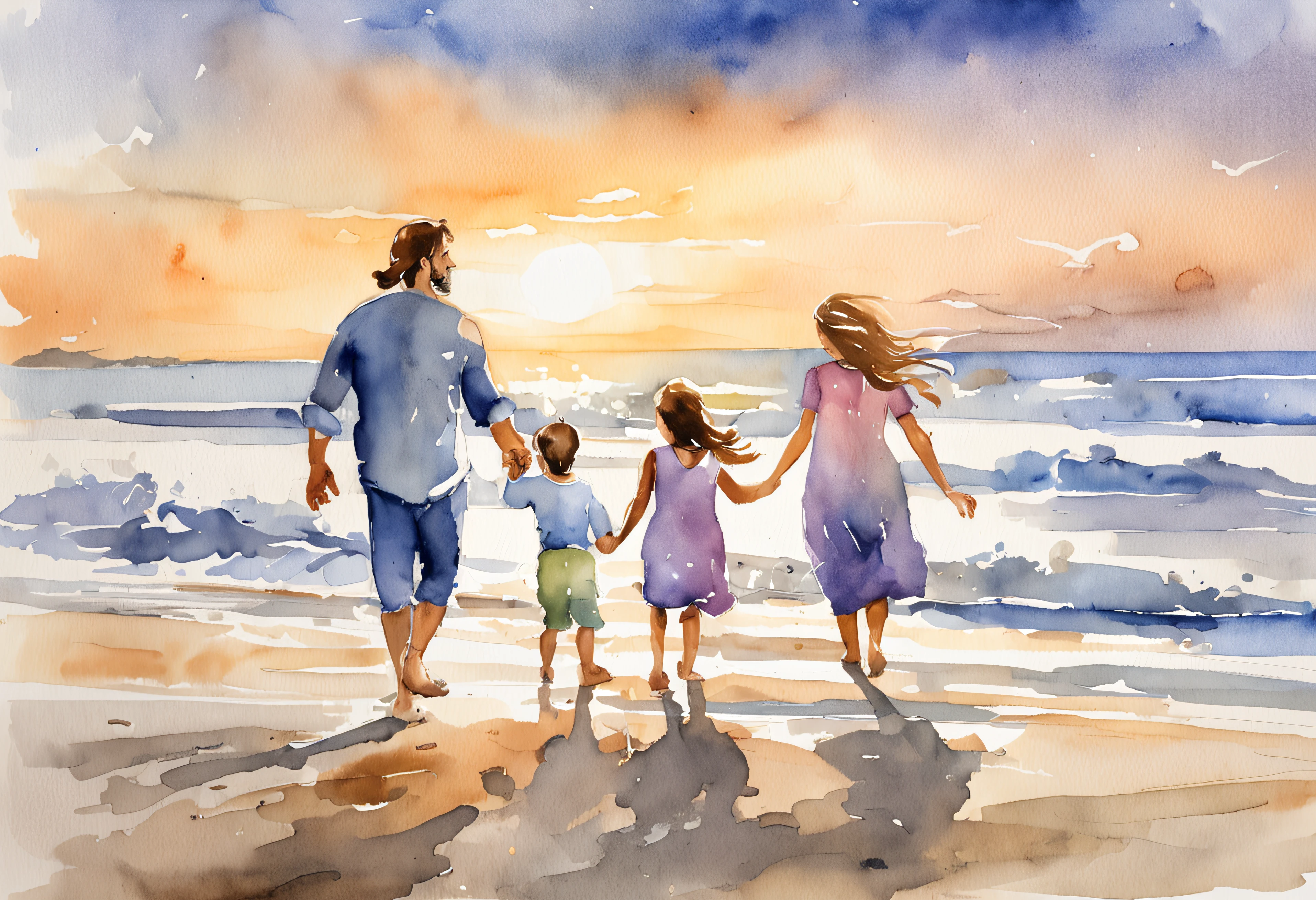 As the sun sets on the beach, a father and his two twenty-year-old daughters playfully chase their five--old  along the shoreline. The sky is painted with a breathtaking palette of soft pastel hues - dusty blues, gentle pinks, and dreamy lavenders. The scene evokes a sense of tranquility and togetherness, captured beautifully through the lens of a watercolor artist.