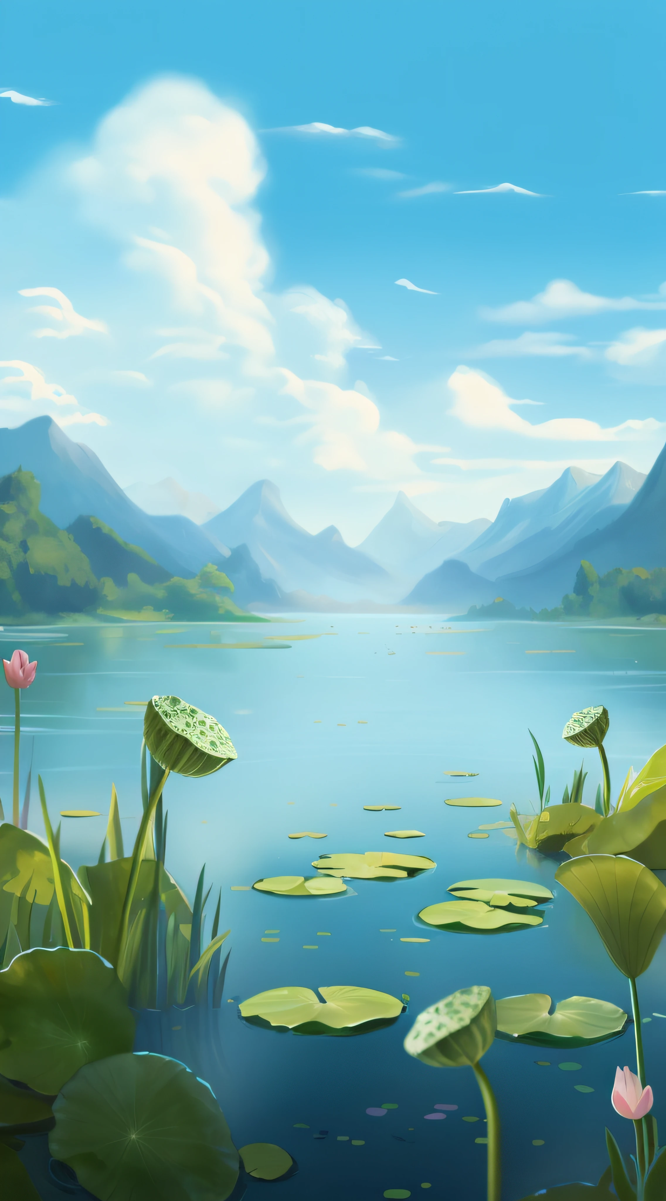 There is a painting of a lake，Water lily mat and mountains in the background, beautiful lake background, Lake background, detailed lake in background, background artwork, Beautiful Landscape Background, peaceful landscape, arte de fundo, beautiful digital painting, peaceful scenery, Detailed digital painting, lindo cenario, alpine pond with water lilies, Detailed scenery —width 672, very detailed digital painting