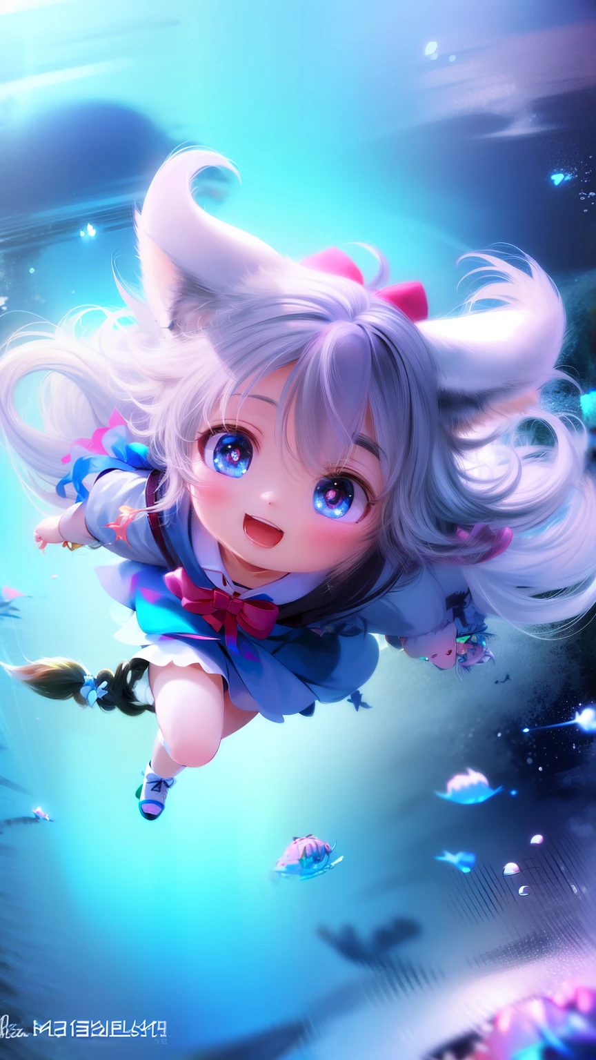 Very long hair, Hair Bow, Earphone, mismatched pupils, Diamond-shaped pupils, Fox ears, Smile, From above, Perspective, Color field painting, Cinematic lighting, hyper HD, 4K
