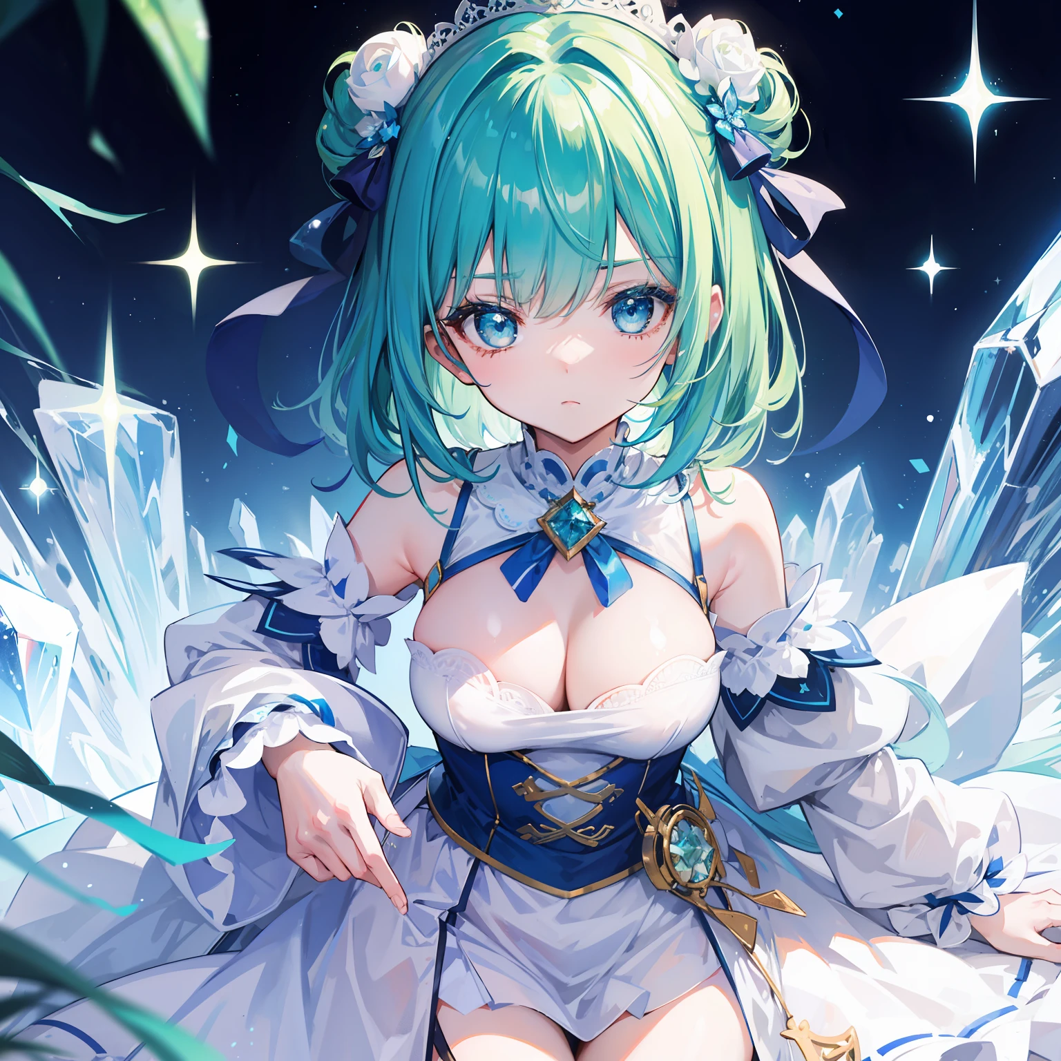 Short shiny blue-green hair，Fuller breasts，Crystal clear and milky pure white clothes，There are blue and green ornaments，It's cute to be a cute girl，Milk fierce milk fierce