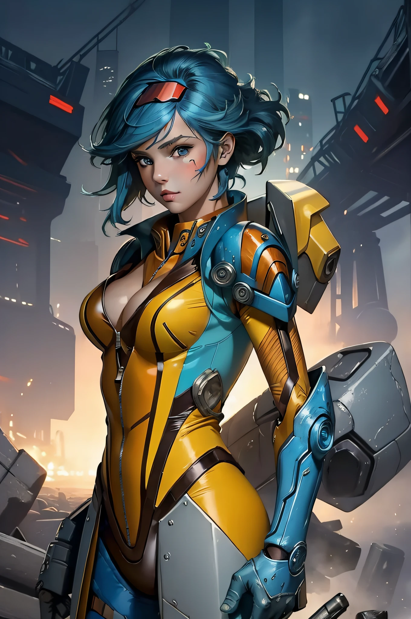 (Masterpiece:1.4), (best quality:1.2), detailed face, neonstrikevi, 1girl, blue hair, bodysuit, mechanical arms, shoulder armor, zipper, upper body, potrait