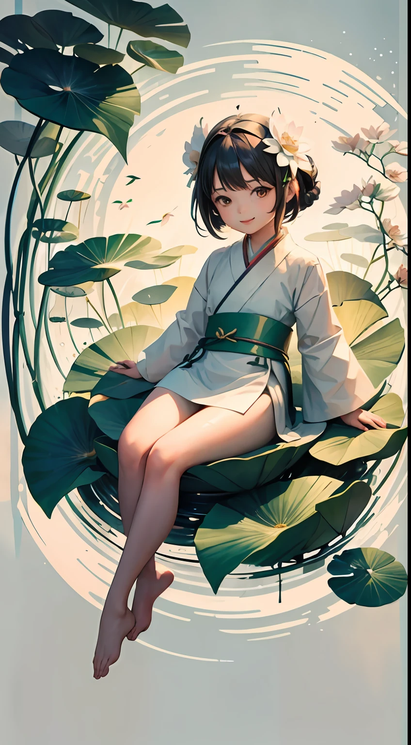 A pod full of lotus flowers, a  girl sitting on the lotus leaves of the pod, huge lotus leaves, smile,barefoot, dressed in white and green hanfu, light and shadow, a masterpiece