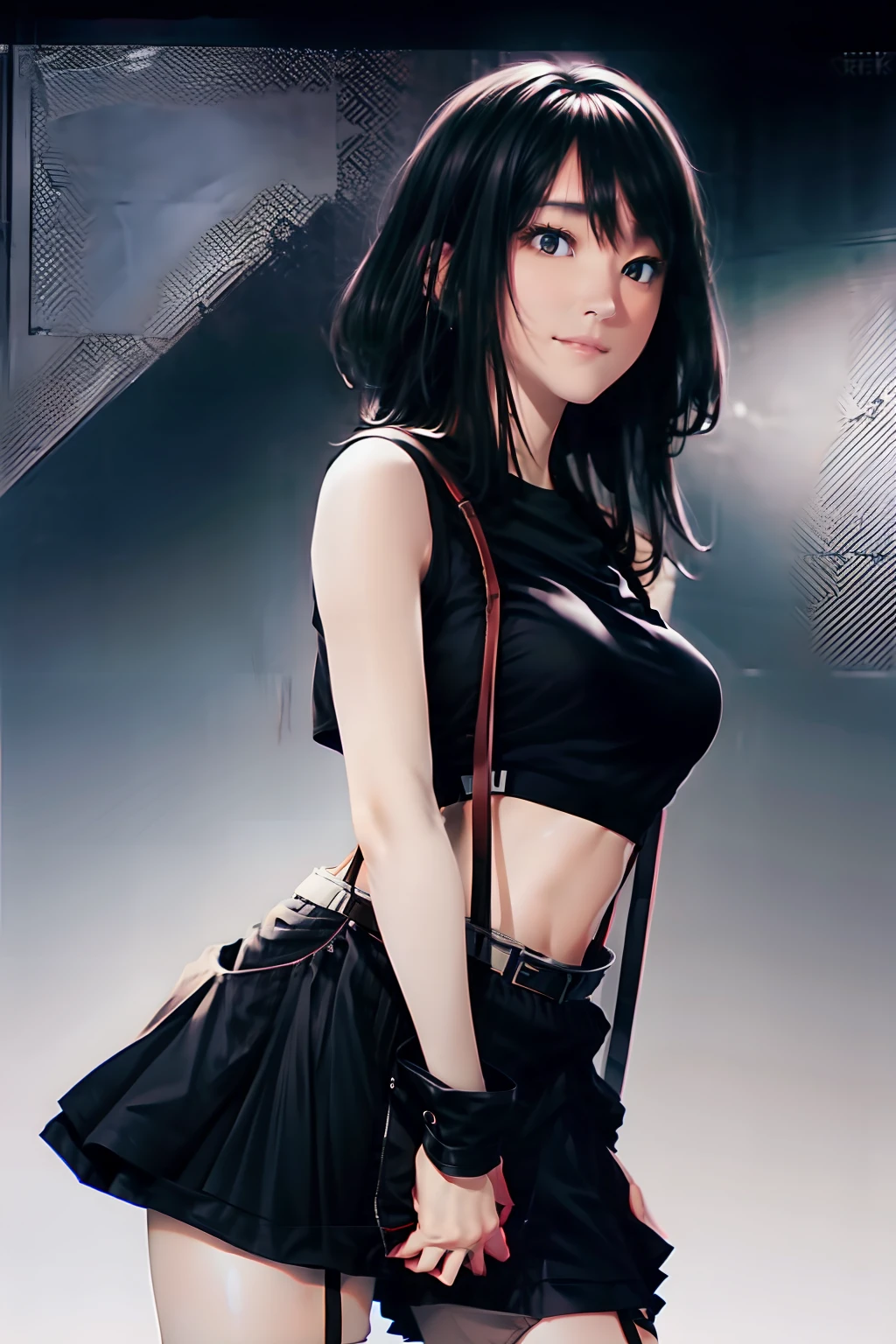 a black skirt, , Tank tops suspenders, Long Black Hair, Gray eyes, holster, Garter belt on the legs, , Moderate breasts and tight clothes, both sides Behind no-bra