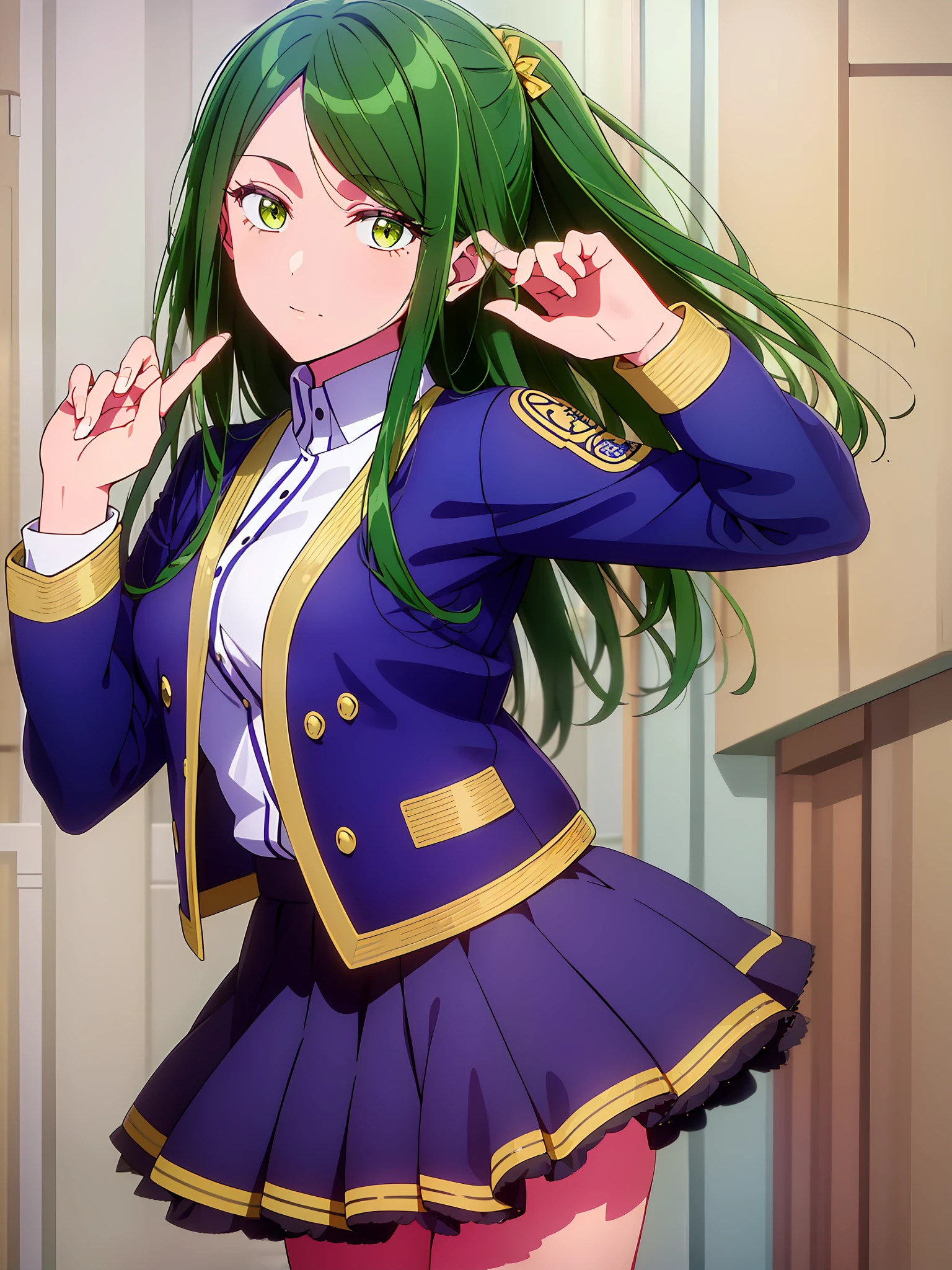 1girl in (masutepiece) (Best Quality)(Shiny hair)(Shiny skin)、frillshiranui\(Oshinoko\)、校服、Blue jacket、skirt by the、校服、blazers、Green hair、verd s eyes、hand on own face、