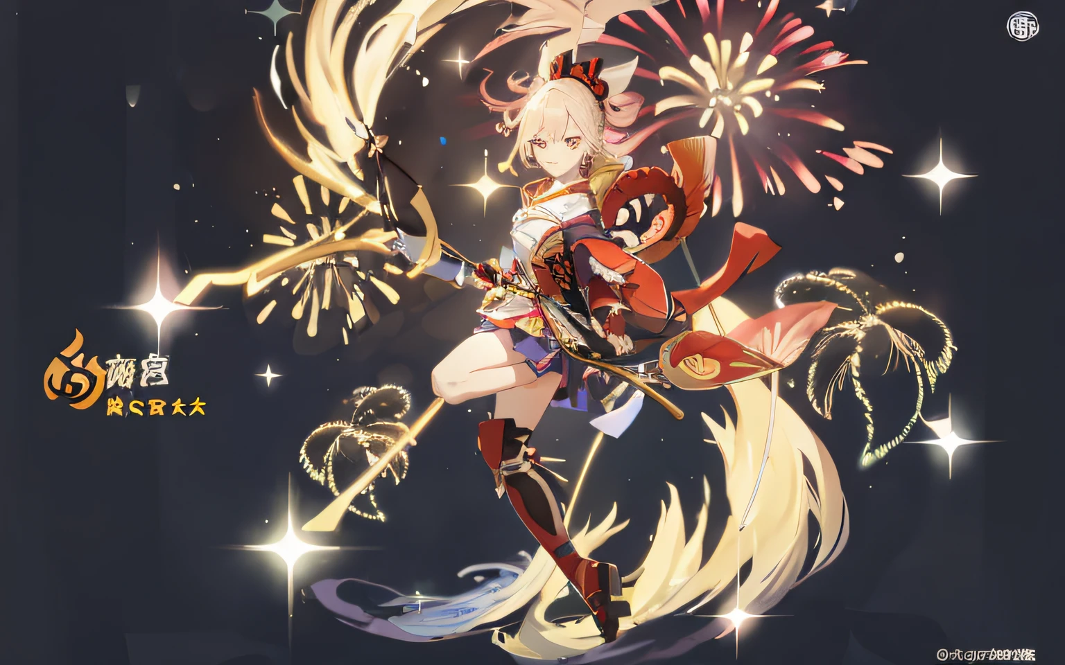 anime girl with long hair，Armed with a bow and arrow，Be in the midst of fireworks，Drawn in Genshin style。