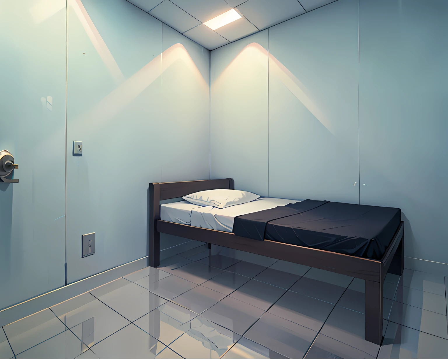 There is a bed in a room with a white wall, Claustrophobic room, in a small prison cell, prison cell, interior de uma pequena sala, Sterile minimalist room, Futuristic room, interior de um pequeno, dentro da sala branca, fundo futurista do quarto, in a prison cell, fundo do quarto pessoal, small chamber. hiper-realista, quarto branco