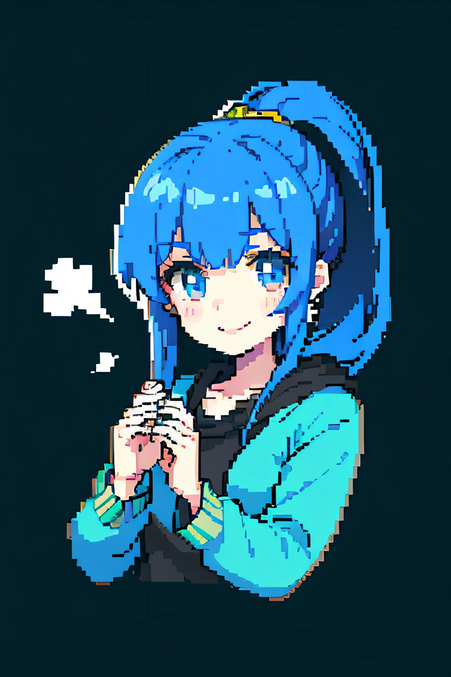 pixel, pixel art, 1girl, blue hair, upper body, smile, cozy, ponytail