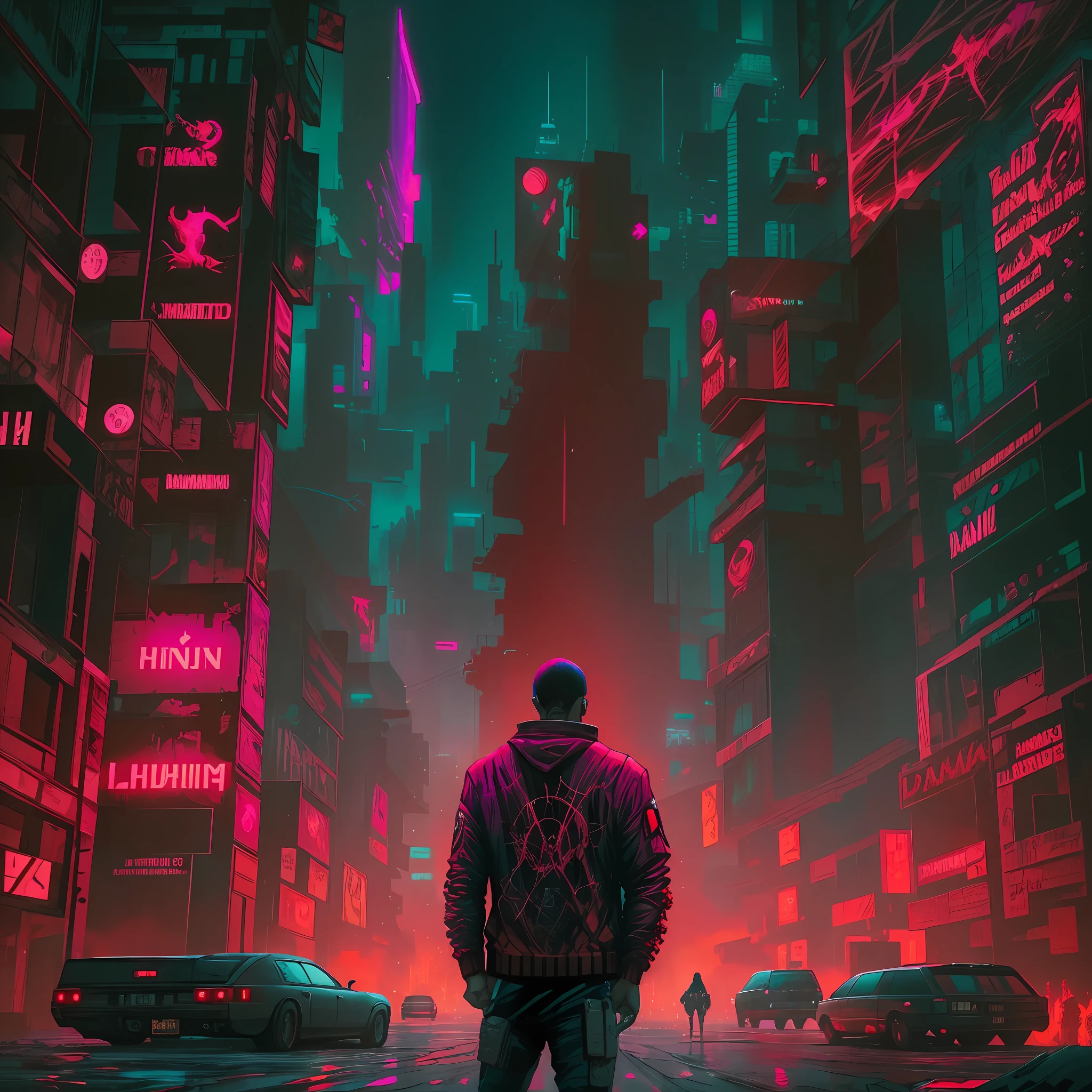 Imagem de um homem parado em frente a uma cidade com uma lua vermelha gigante, fantasia cyberpunk horror, cyberpunk fantasia sombria, Estilo de arte cyberpunk, arte de fantasia sombria cyberpunk, dark cyberpunk illustration, ( ( ( ( ( Dan Mumford ) ) ) ) ), Artgem e Beeple Masterpiece, em cyberpunk city, Paul Lehr e Beeple