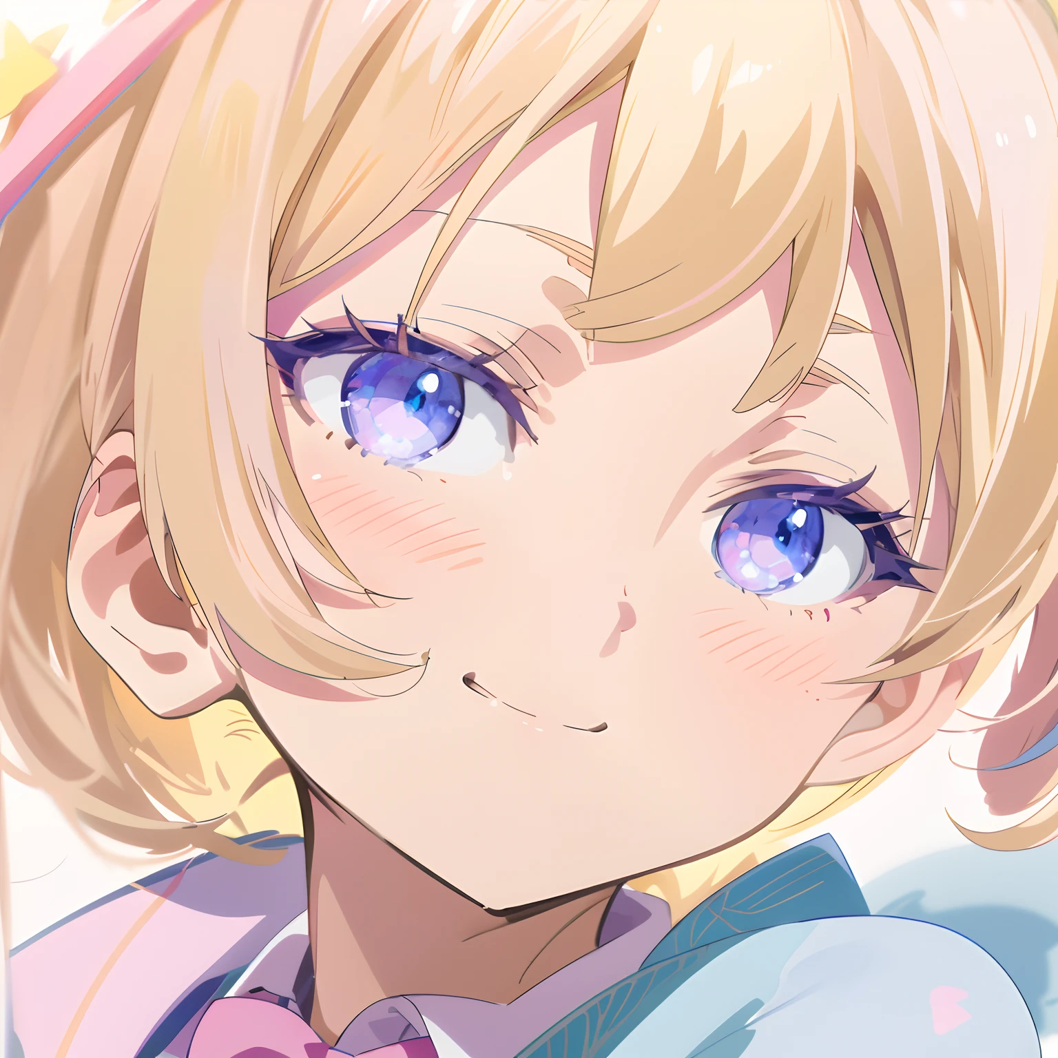 Anime girl with blonde hair and blue eyes wearing a pink bow tie, Kawaii realistic portrait, anime visual of a cute girl, pretty anime face, cute anime face, saori, Cute natural anime face, extremely cute anime girl face, detailed portrait of an anime girl, anime moe art style, close up of a young anime girl, joy gaze, crisp clear rpg portrait