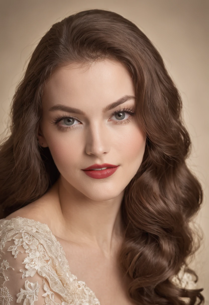 woman with long, luscious tresses, reminiscent of the glamorous stars from a bygone era. Her mesmerizing eyes hold the essence of classic Hollywood allure, and her captivating smile embodies the timeless charm of vintage beauty. She's gracefully posing for a photograph, embodying the elegance and sophistication of a golden age long past. It's a scene straight out of a vintage movie poster, evoking the nostalgia and allure of a bygone era.