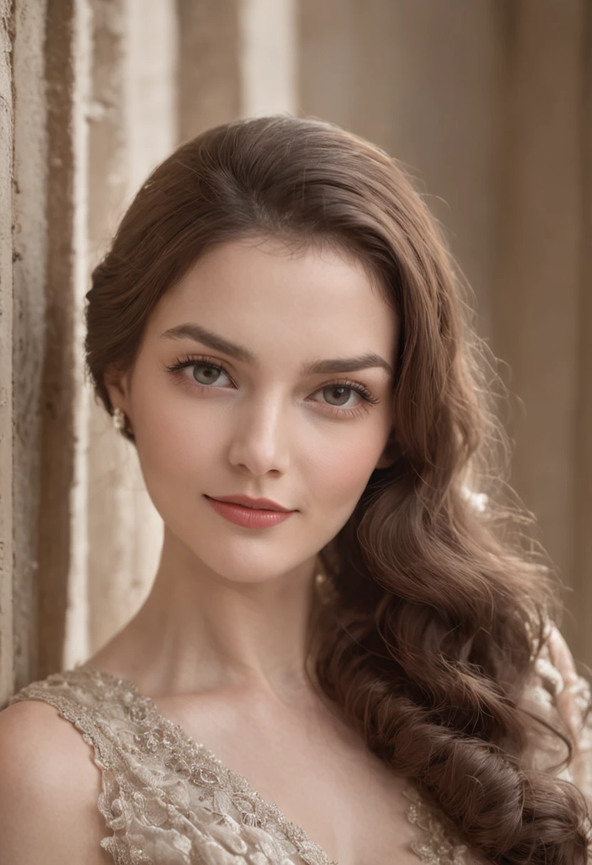 woman with long, luscious tresses, reminiscent of the glamorous stars from a bygone era. Her mesmerizing eyes hold the essence of classic Hollywood allure, and her captivating smile embodies the timeless charm of vintage beauty. She's gracefully posing for a photograph, embodying the elegance and sophistication of a golden age long past. It's a scene straight out of a vintage movie poster, evoking the nostalgia and allure of a bygone era.