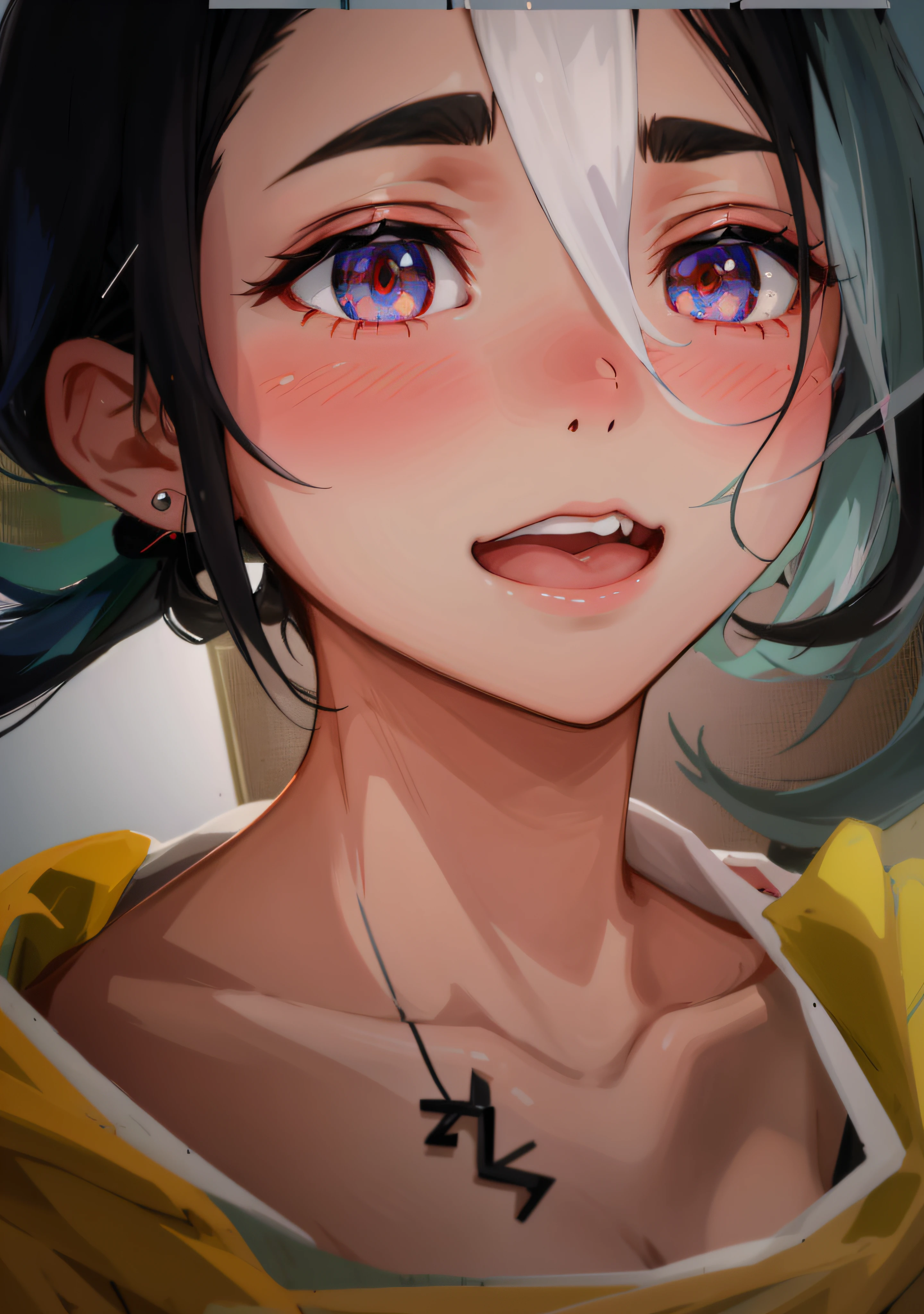 black color hair、Gradient hair、highr、crossed bangs、hair between eye、hair on shoulders、Parted bangs、Very long hair、hair splayed out、crystal hair、Expressive hair、Hairline、Ribbons、Hairbell、hair pin、Put down your hood、hair beads,Sapphire eyes,Water-colored eyes,Bright pupils,ssmile,Proud,faint blush,Close one eye,Stick out your tongue slightly,Above the calves,Off-white sweatshirt,Shot above the calf,high detal,modern day,style of anime,closeup cleavage,From the outside,hyper HD, tmasterpiece, anatomy correct, textureskin, acurate, retinas, high detal, super detailing, high high quality, Award-Awarded, best qualityer, A high resolution, 16k