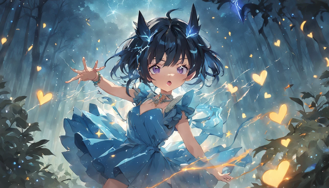 (masterpiece, best quality:1.2), 1girl, solo, cute, kawaii, digital art, magic circle, black hair, finely detailed eyes, embarrassed expression, sweat, frilly dress, blue color scheme, heart-shaped necklace, tiara, wielding a wand, dragon, forest, fire breath, wings, scales, sharp claws, spiky tail, trees, moss, moonlight filtering through leaves, fallen leaves, bushes, rocks, river, bridge, night clouds, starry sky, windy, leaves rustling
