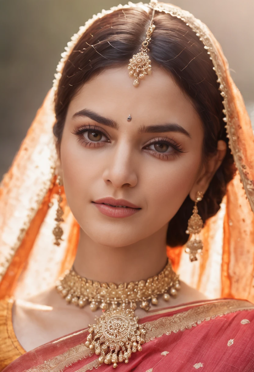 An ultra realistic portrait of a very beautiful woman in translucent saree ,hyper detail, cinematic lighting, 4k, 8k, ultra realistic, high resolution, ultra hd, super realistic, sharp, good quality, Movie like, attractive, glowing, cute, sizzling, charming, jwellery, necklace, forehead jwellery, sunlight, sparks, glossy, dust particles , 3D look, sunshine, feathers, HD, flowers,Glowing hair, fireflies,blur background, temple, crowds, butterflies, glossy eyes