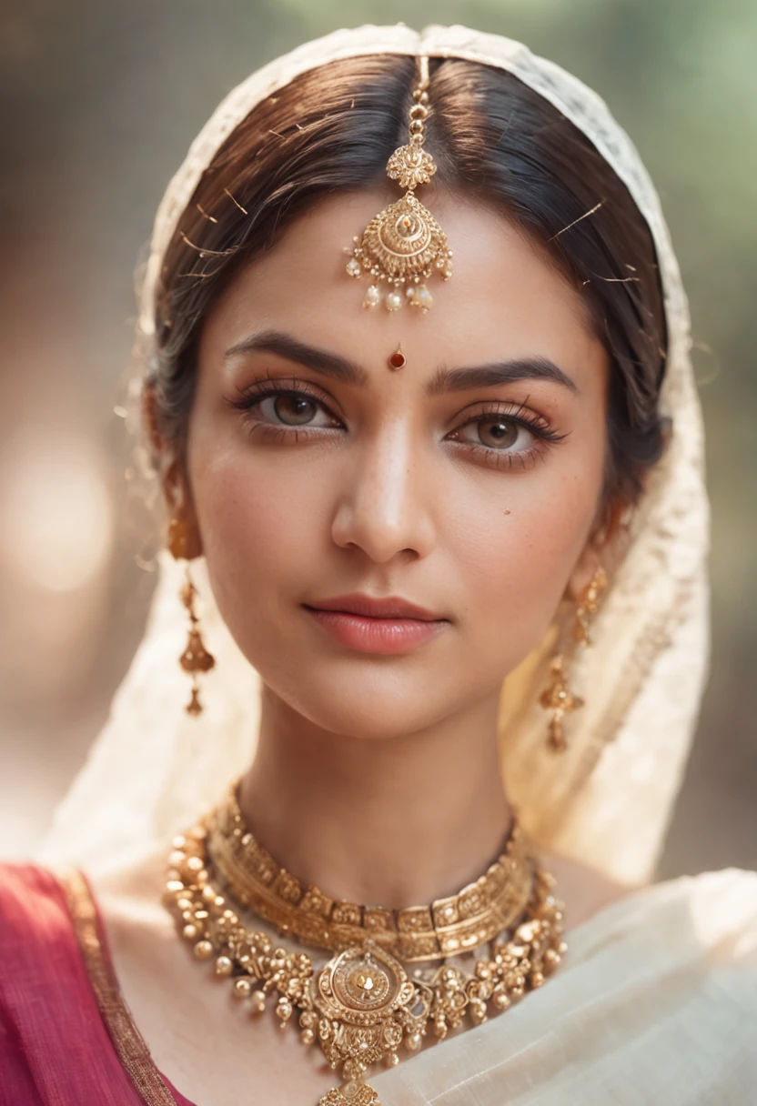 An ultra realistic portrait of a very beautiful woman in translucent saree ,hyper detail, cinematic lighting, 4k, 8k, ultra realistic, high resolution, ultra hd, super realistic, sharp, good quality, Movie like, attractive, glowing, cute, sizzling, charming, jwellery, necklace, forehead jwellery, sunlight, sparks, glossy, dust particles , 3D look, sunshine, feathers, HD, flowers,Glowing hair, fireflies,blur background, temple, crowds, butterflies, glossy eyes