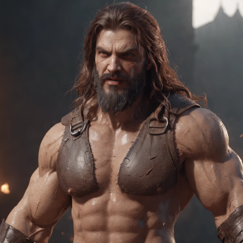(Professional 3D Rendering:1.3) in the (Realistic:1.3) The most beautiful artwork photos in the world,Features soft and shiny male heroes, ((Epic Hero Fantasy Muscle ManRough Wet Hero Angry Long Hair Short Beard and Ferocious Expression in Dynamic Pose, fantastic location, majestic cluttered environment)), Full body 8K unity rendering, action SHOT, skin pore, Very dark lighting, Heavy shading, Detailed, Detailed face, (Vibrant, photos realistic, Realistic, Dramatic, Dark, Sharp Focus, 8K), (Old leather garments damaged by weathering:1.4), ((((Wear fur)))), (Convoluted:1.4), Decadent, (Highly detailed:1.4), Digital Painting, rendering by octane, art stations, concept-art, Smooth, Sharp Focus, Illustration, Art Germ, (Roisch:0.23), Vlop Ilya Kuvshinov, Gregg Rutkowski and Alphonse Mucha Gracias, (Global Illumination, studio lights, volumettic light), Heavy rain, particles floating, lotr, Fantasy, elf, full body Esbian, ((Dark ancient city background:1.3)),CG Sessa,art stations