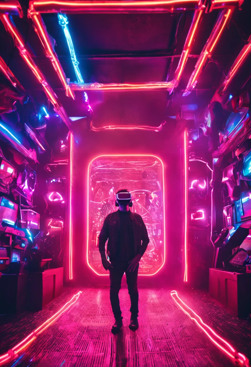 "a man wearing a VR box headset immersed in a mesmerizing display of vibrant neon lights."