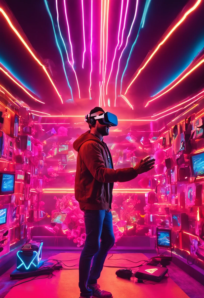"a man wearing a VR box headset immersed in a mesmerizing display of vibrant neon lights."