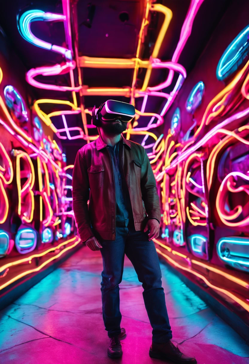 "a man wearing a VR box headset immersed in a mesmerizing display of vibrant neon lights."