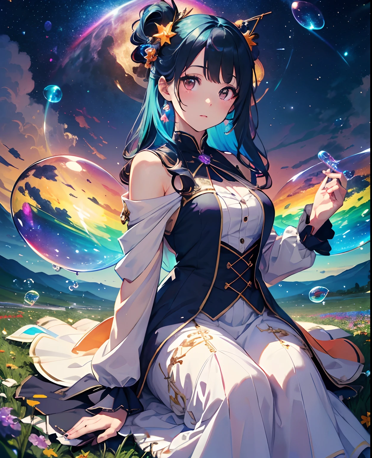 (Masterpiece), (Best Quality), (Official Art, Highly Detailed CG Unity 8k Wallpaper), (Very Detailed), (((Absurd)), 1 Girl, Midshot, (Exquisite Facial Features), (Serafuk: 1.3) ((SFW)), ((Clean Hands)), (White Neeso without shoes)), Aqua Eye, Colored Contact Lenses, Stars in the Eyes, (((((Colorful Bubbles)))), Colorful Glass, (Album cover) Vast landscape photo, (sky up, field below), girl standing in a flower field and looking up, (full moon: 1.2), (meteor: 0.9), (nebula: 1.3), distant mountains, trees BREAK craft art, (warm light: 1.2), (fireflies: 1.2), lights, lots of purple and orange, intricate details, voluminous lighting, realism BREAK (masterpiece (Best Quality), 4k, Ultra Detail, (Dynamic Composition: 1.4), Very Detailed, Colorful Details, (Rainbow Color: 1.2), (Glow Lighting, Atmospheric Lighting), Dreamy, Magical, (Solo: 1.2)
