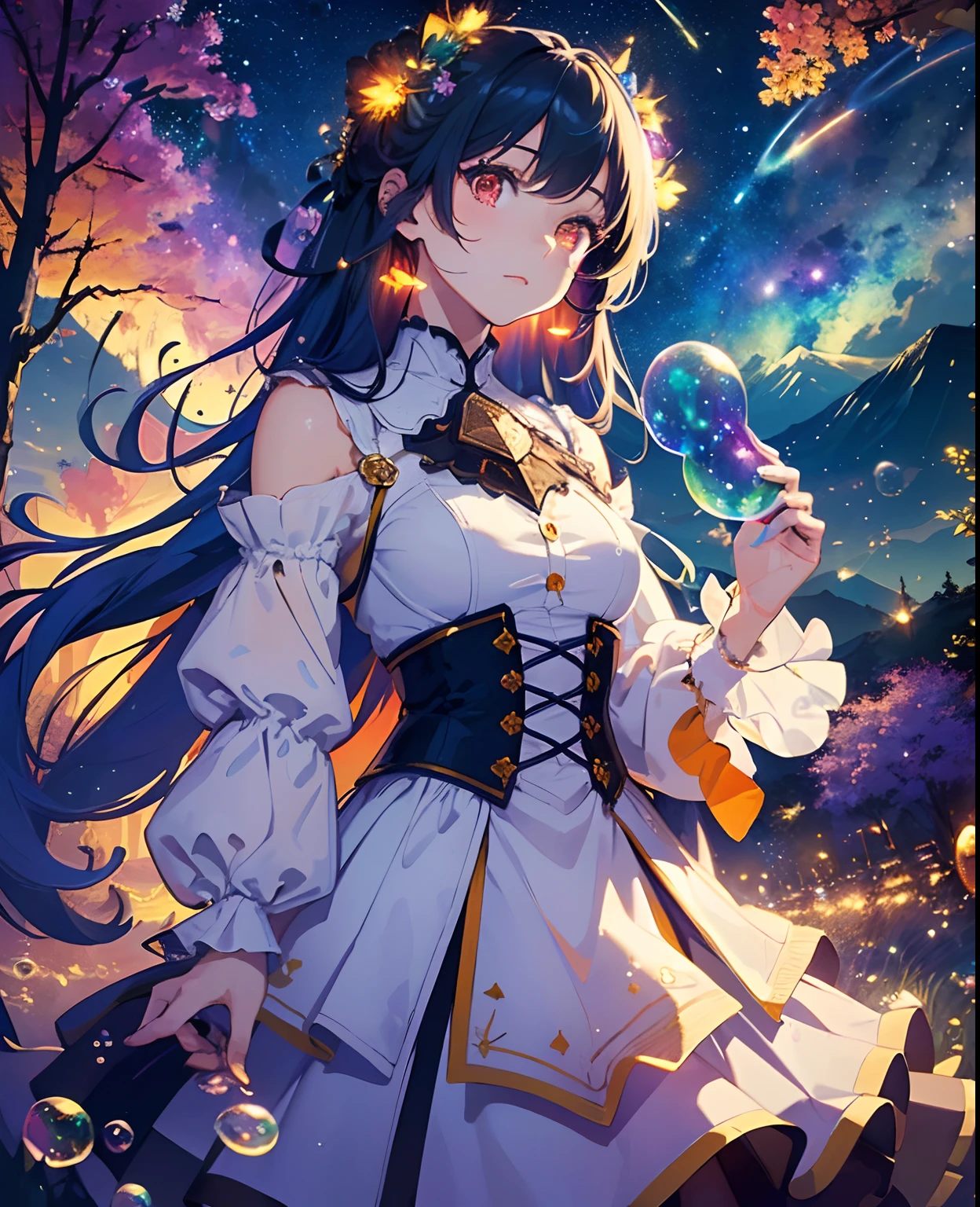 (Masterpiece), (Best Quality), (Official Art, Highly Detailed CG Unity 8k Wallpaper), (Very Detailed), (((Absurd)), 1 Girl, Midshot, (Exquisite Facial Features), (Serafuk: 1.3) ((SFW)), ((Clean Hands)), (White Neeso without shoes)), Aqua Eye, Colored Contact Lenses, Stars in the Eyes, (((((Colorful Bubbles)))), Colorful Glass, (Album cover) Vast landscape photo, (sky up, field below), girl standing in a flower field and looking up, (full moon: 1.2), (meteor: 0.9), (nebula: 1.3), distant mountains, trees BREAK craft art, (warm light: 1.2), (fireflies: 1.2), lights, lots of purple and orange, intricate details, voluminous lighting, realism BREAK (masterpiece (Best Quality), 4k, Ultra Detail, (Dynamic Composition: 1.4), Very Detailed, Colorful Details, (Rainbow Color: 1.2), (Glow Lighting, Atmospheric Lighting), Dreamy, Magical, (Solo: 1.2)