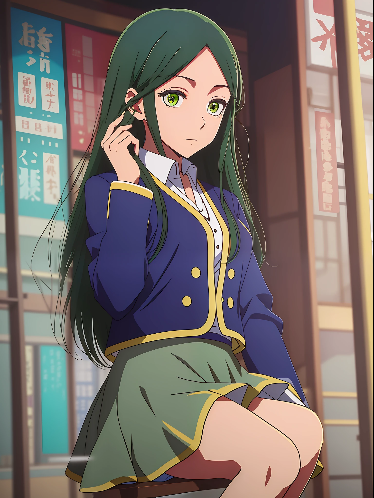 1girl in (masutepiece) (Best Quality)(Shiny hair)(Shiny skin)、frillshiranui\(Oshinoko\)、校服、Blue jacket、skirt by the、校服、blazers、Green hair、verd s eyes、hand on own face、