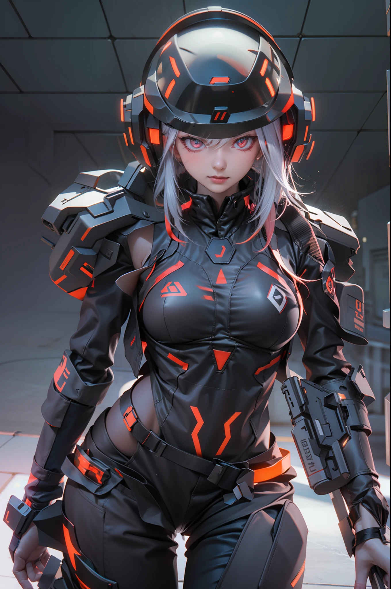 Muscle Special Forces Girl，eyes glowing,  Wearing black special forces equipment, Gun in hand, full bodyesbian, Shoot at knee level, Cyberpunk, neonlight, Futuristic, surrealist, Red，3D, Redshift, Maxon Cinema 4D, Quaixel Megascan rendering, Doomsday colors, Red light, Futuristic, 1/3, High detail, Ultra high quality, illusory engine, 8K,